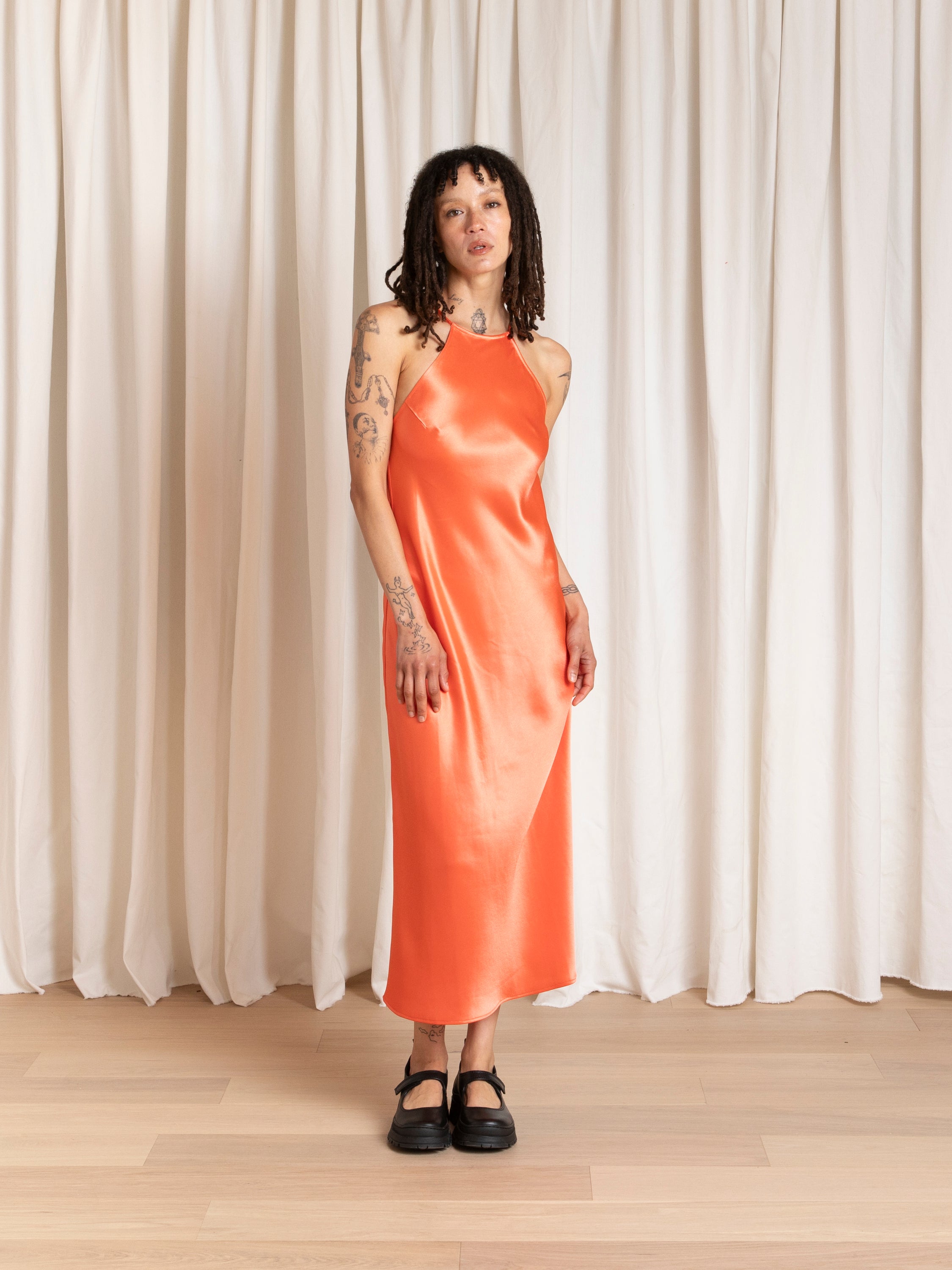 HIGH NECK BIAS DRESS - NEON ORANGE