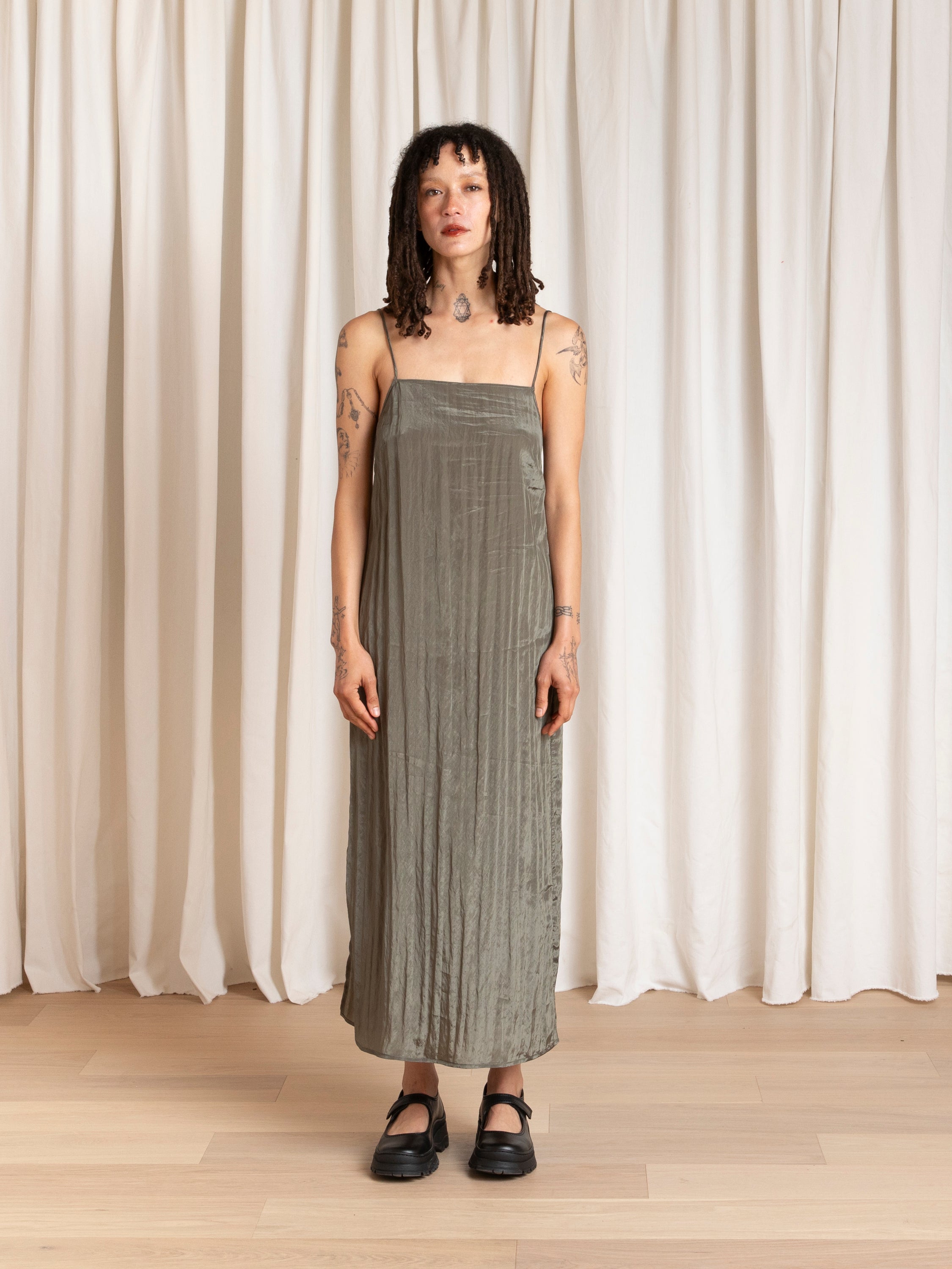SQUARE NECK SLIP DRESS - SAGE