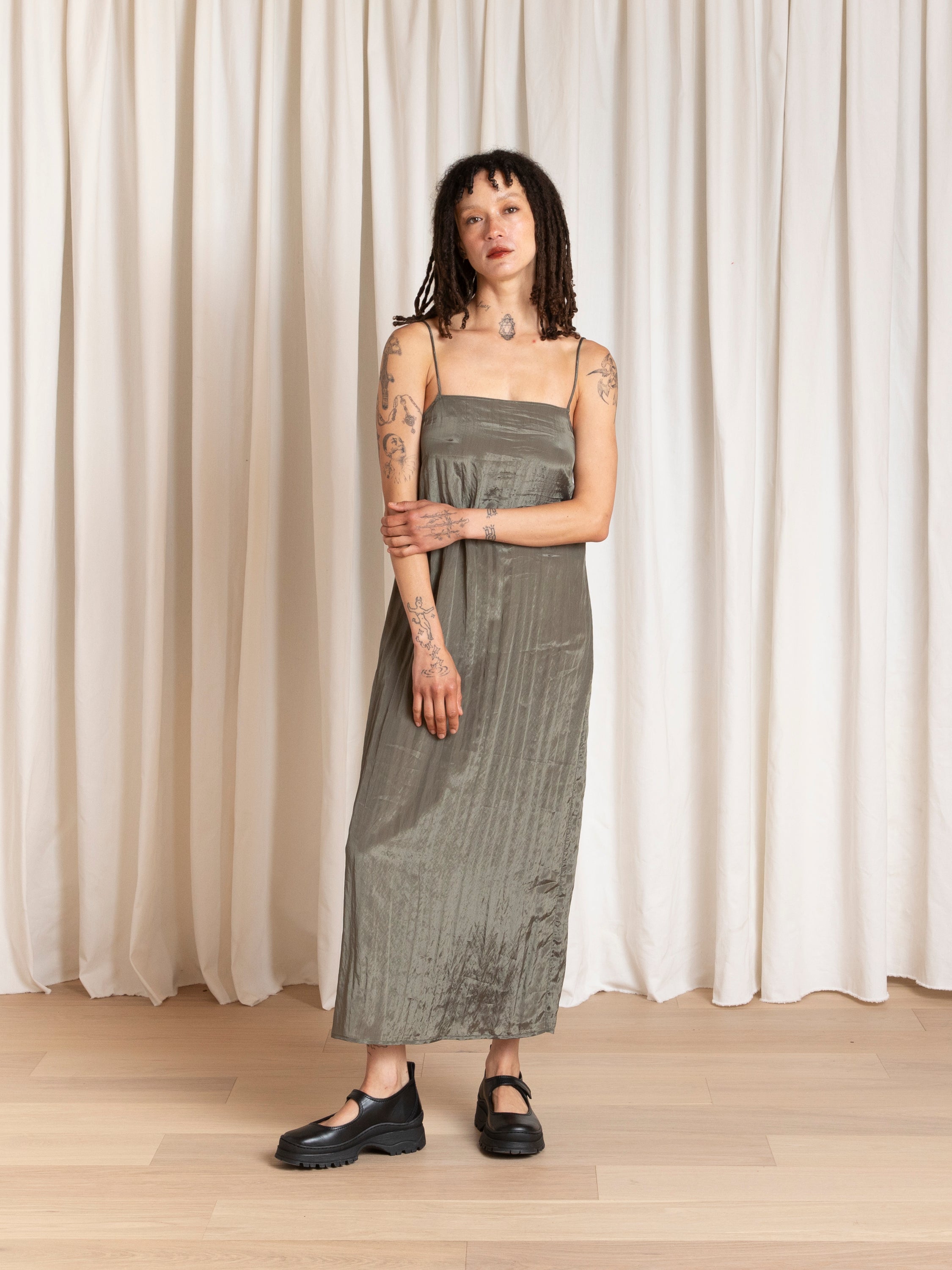 SQUARE NECK SLIP DRESS - SAGE