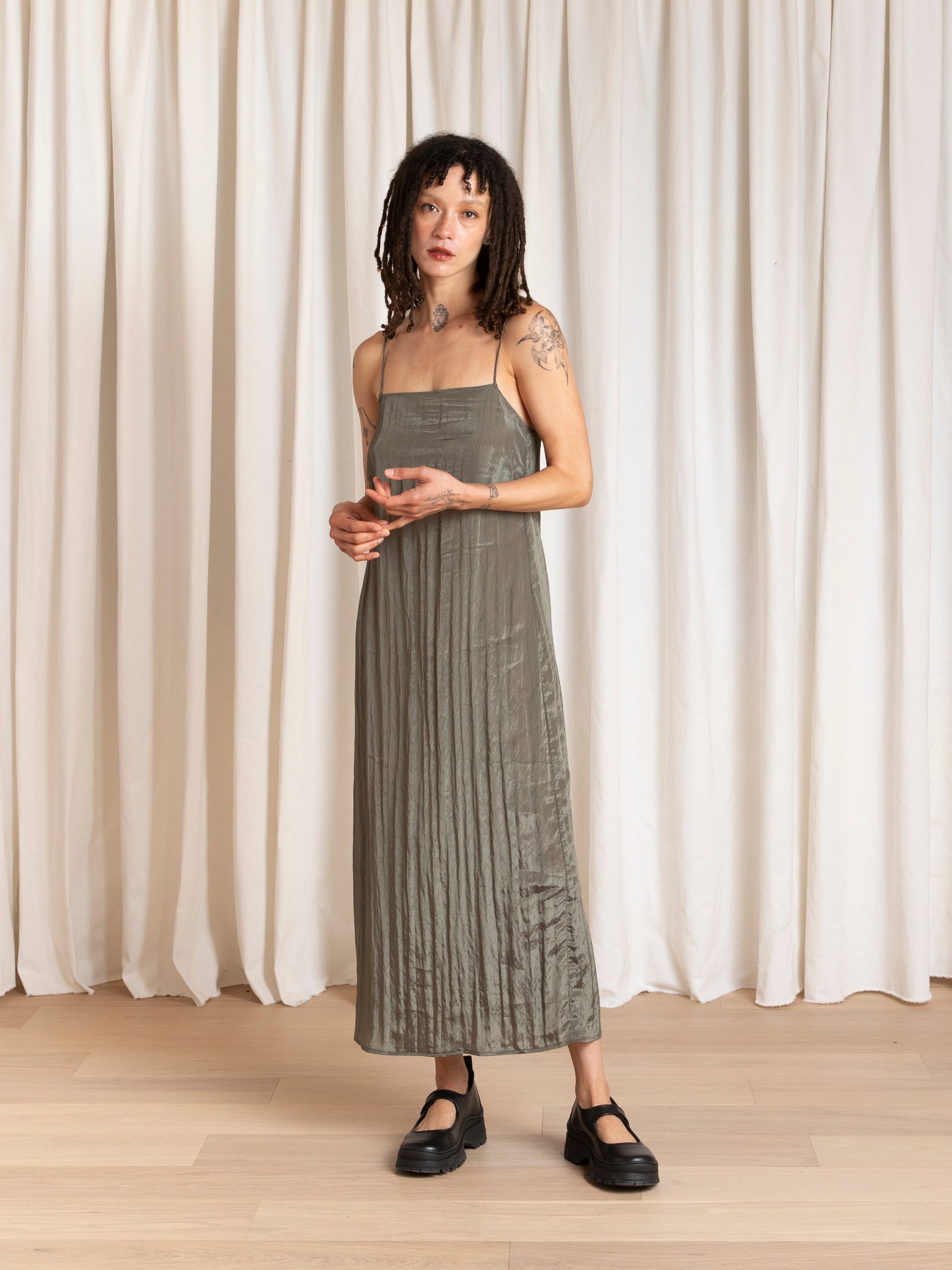 SQUARE NECK SLIP DRESS - SAGE
