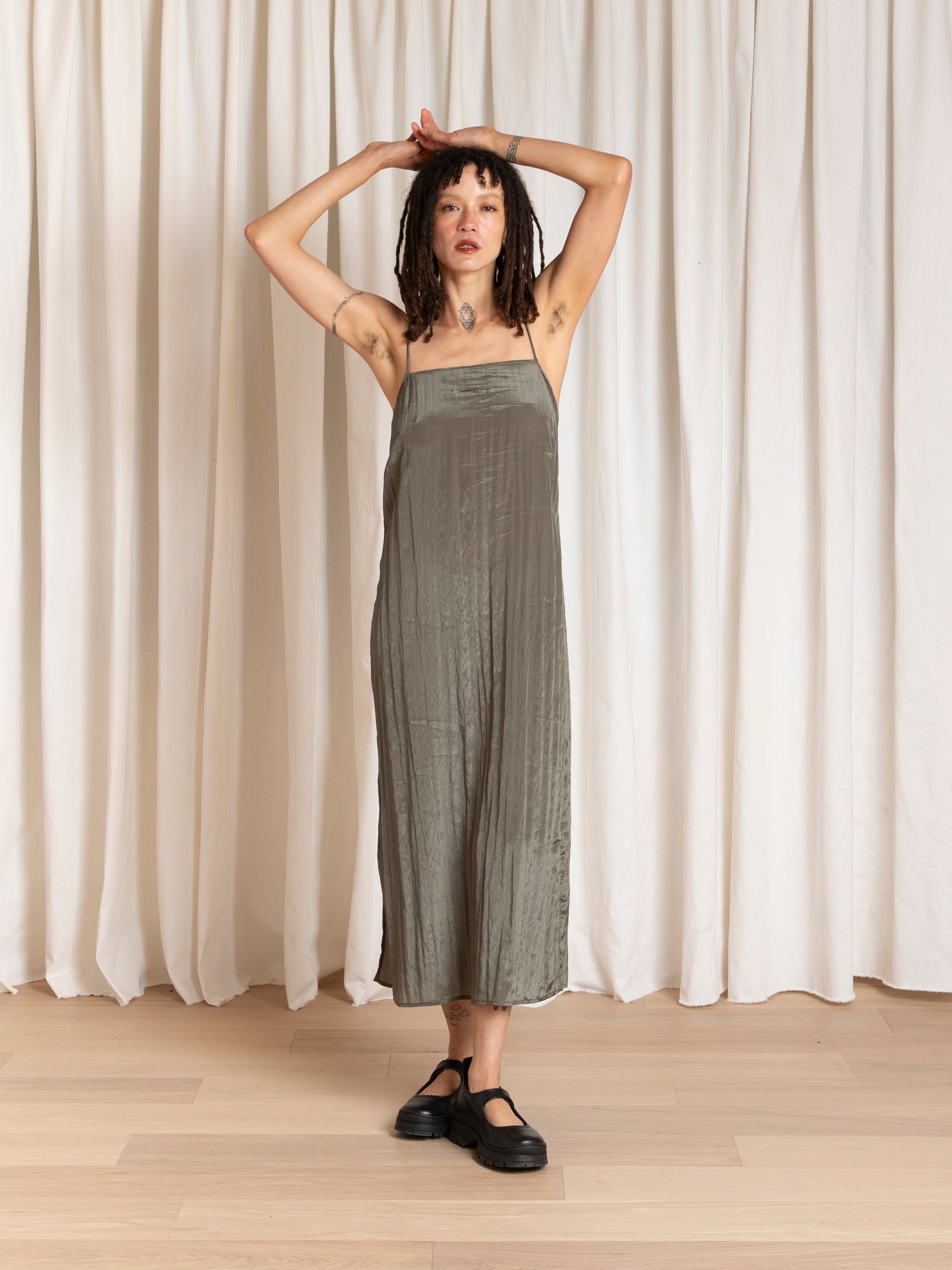 SQUARE NECK SLIP DRESS - SAGE