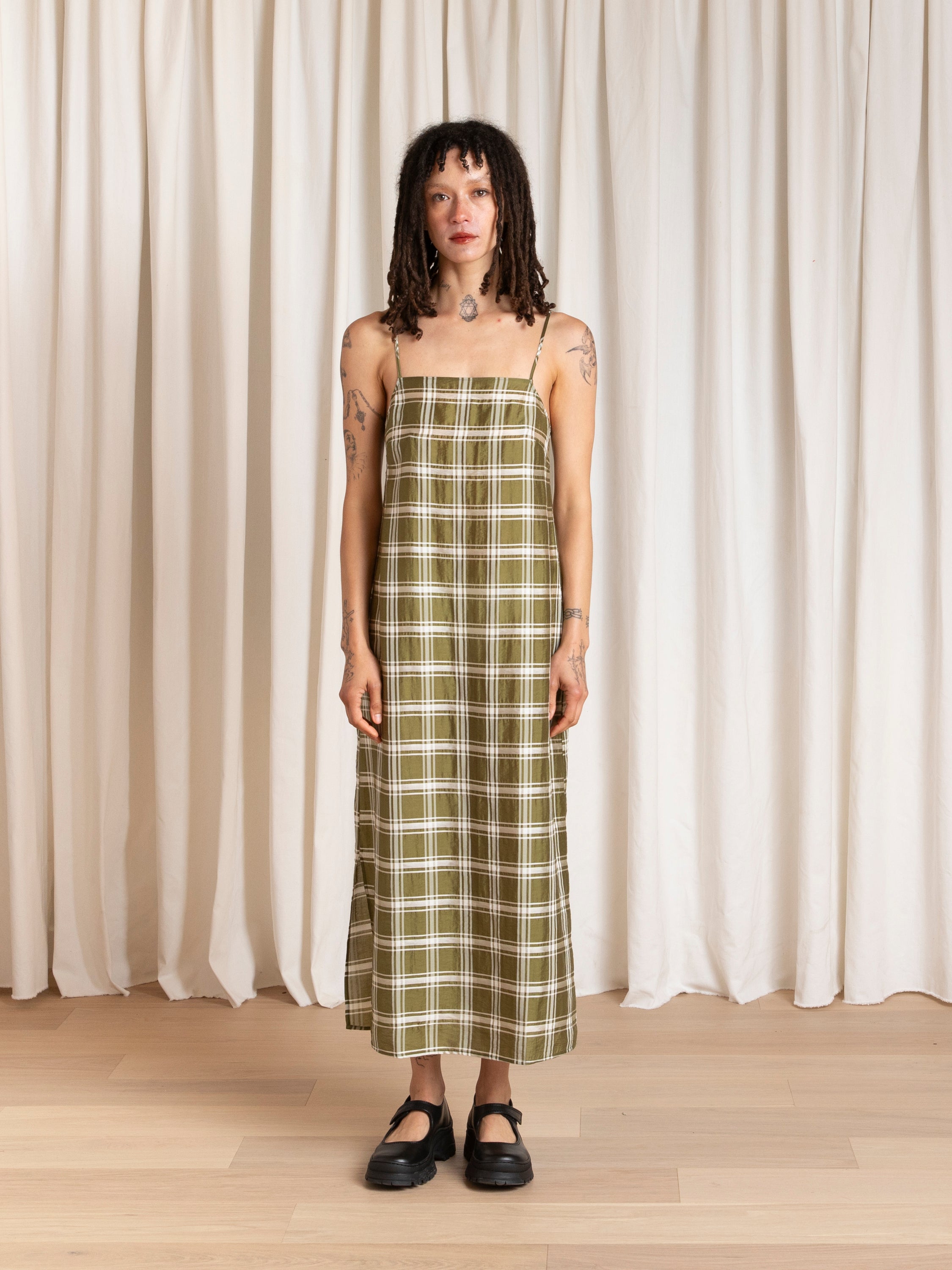 SQUARE NECK SLIP DRESS - OLIVE PLAID