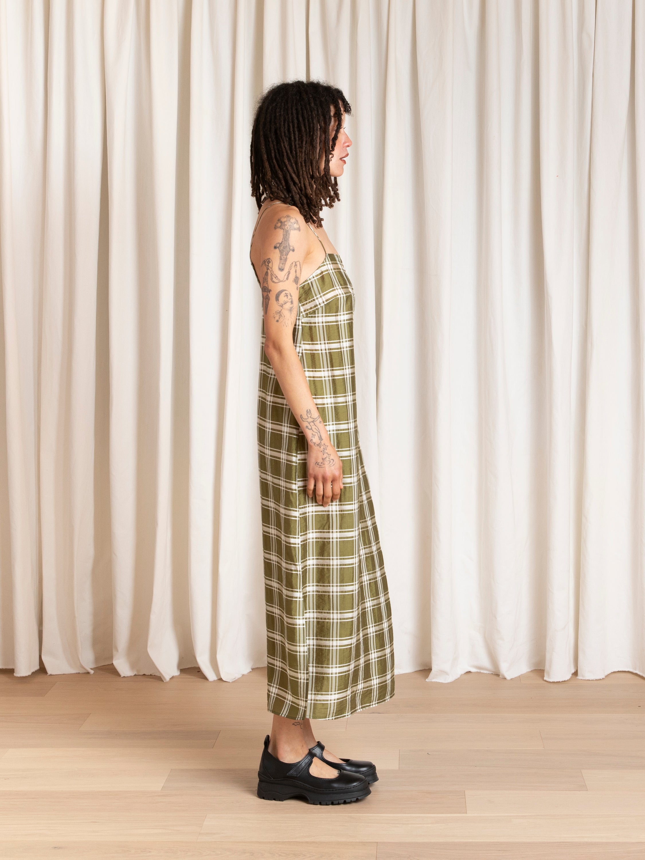 SQUARE NECK SLIP DRESS - OLIVE PLAID