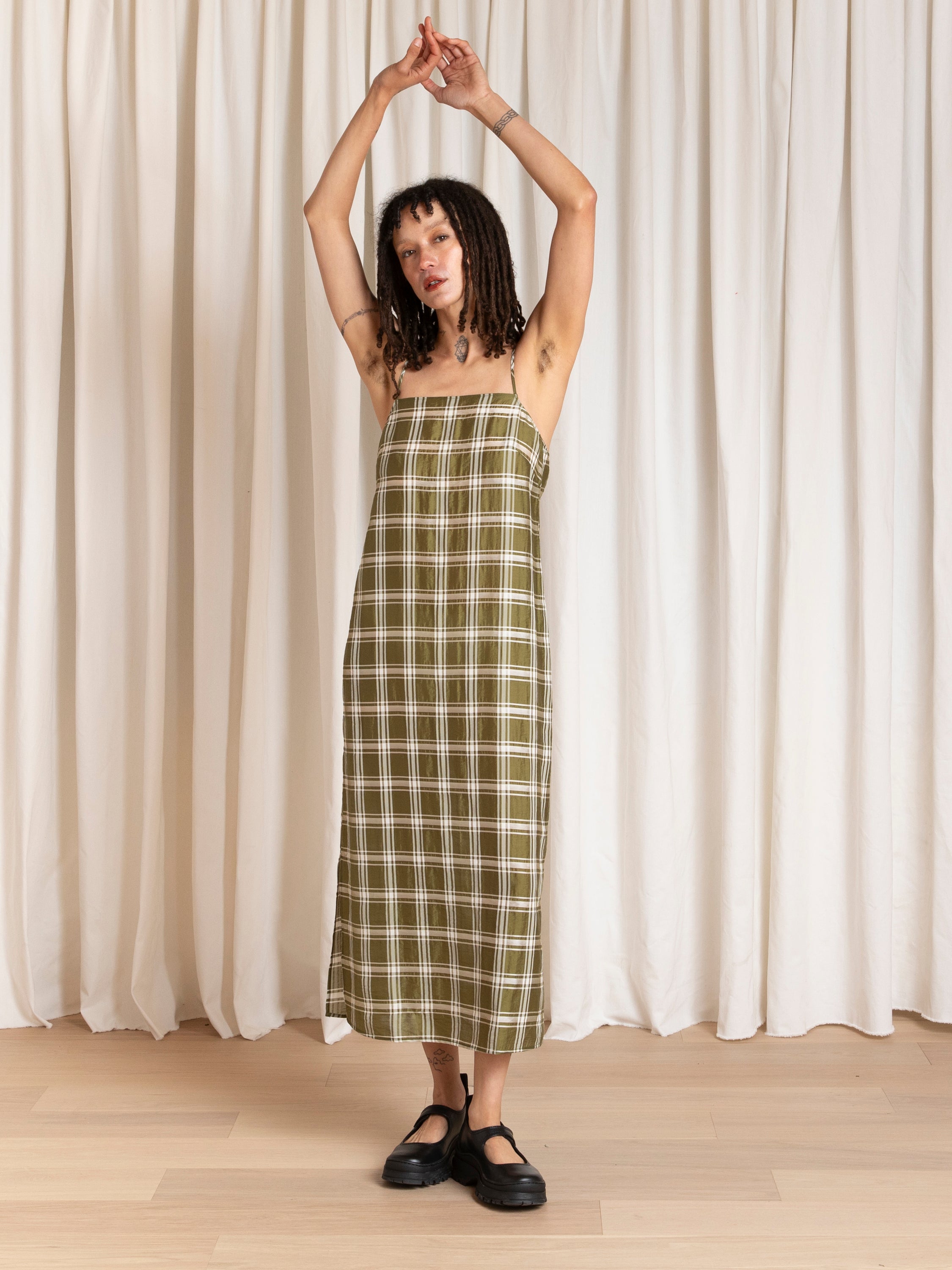 SQUARE NECK SLIP DRESS - OLIVE PLAID