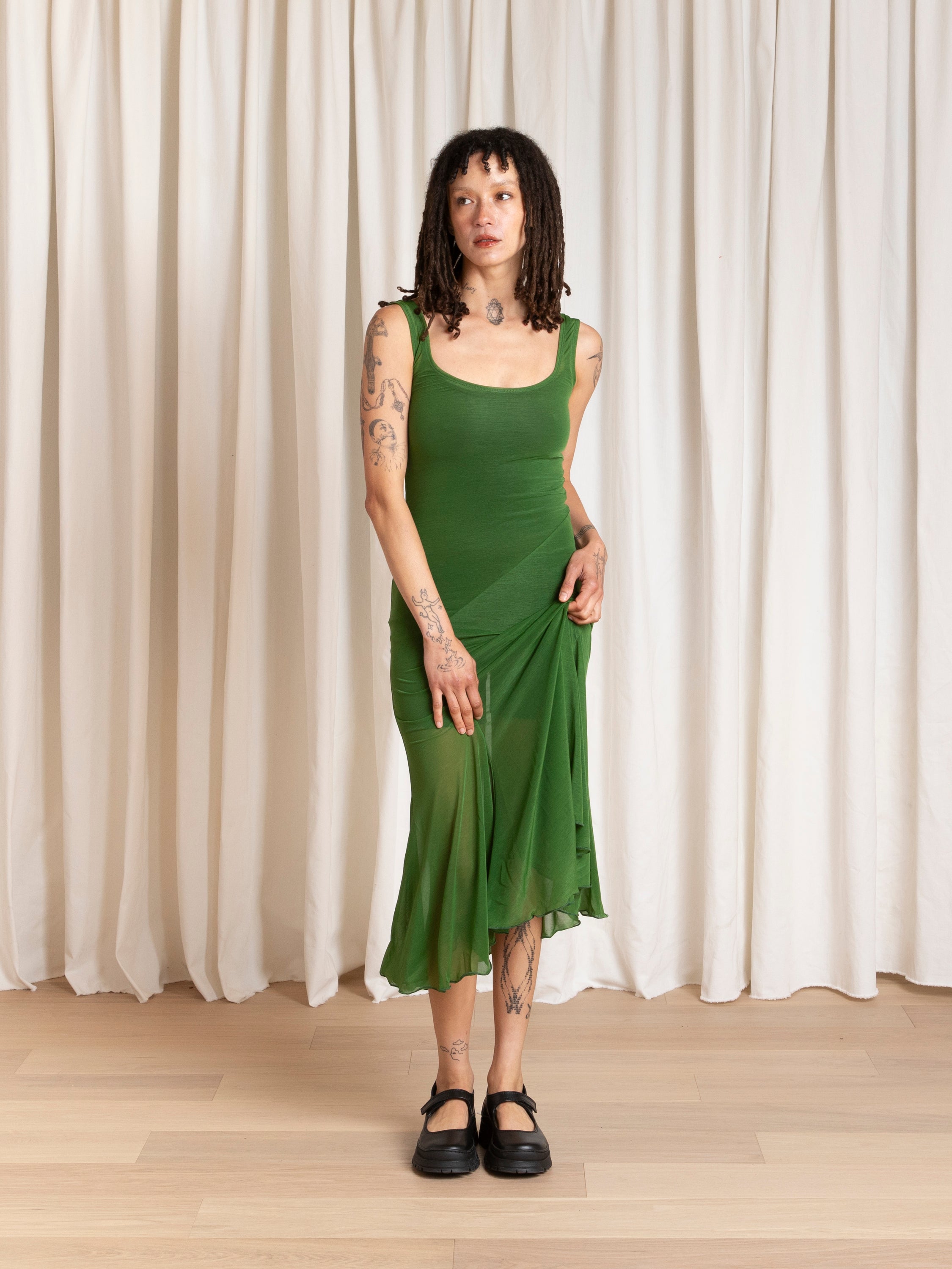 TANK DRESS W/ ASYMMETRICAL HEM - GRASS GREEN