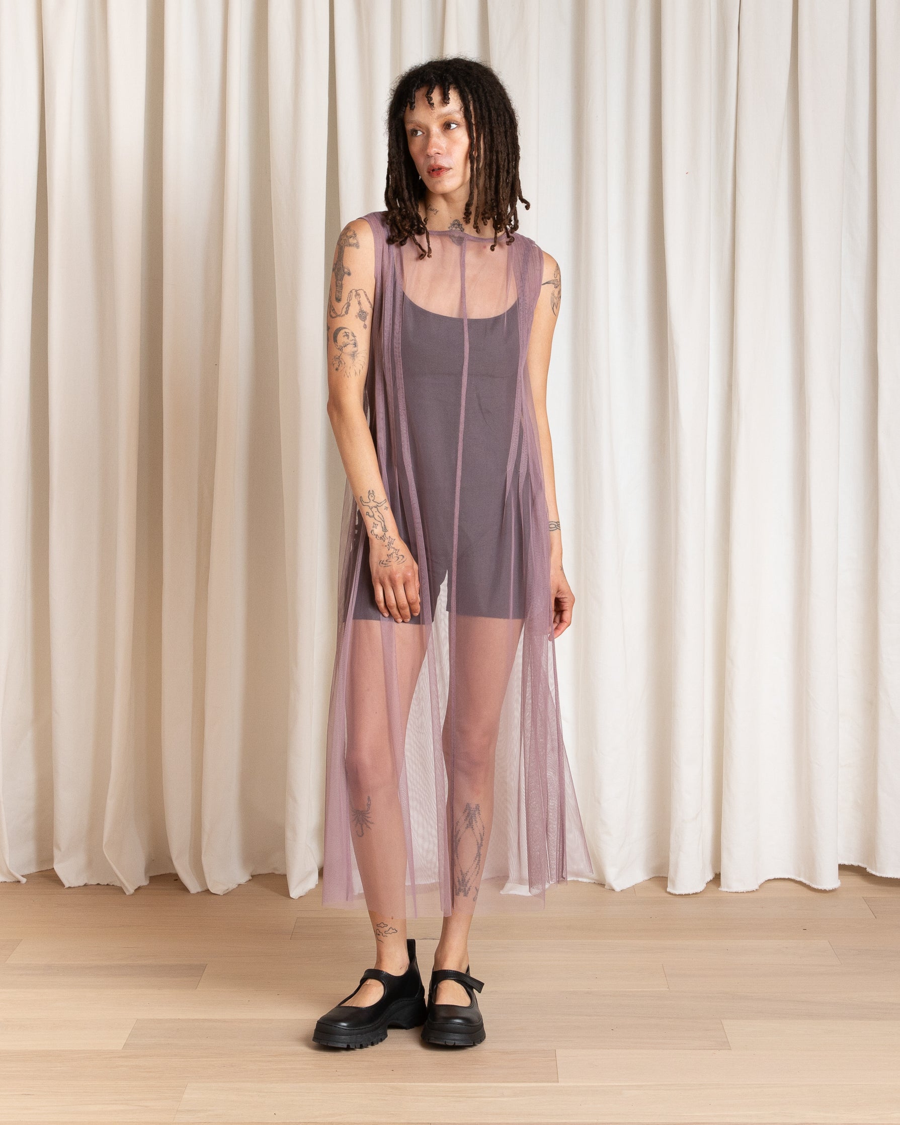 SAMPLE - PLEATED MESH HIGH NECK DRESS - BLACK