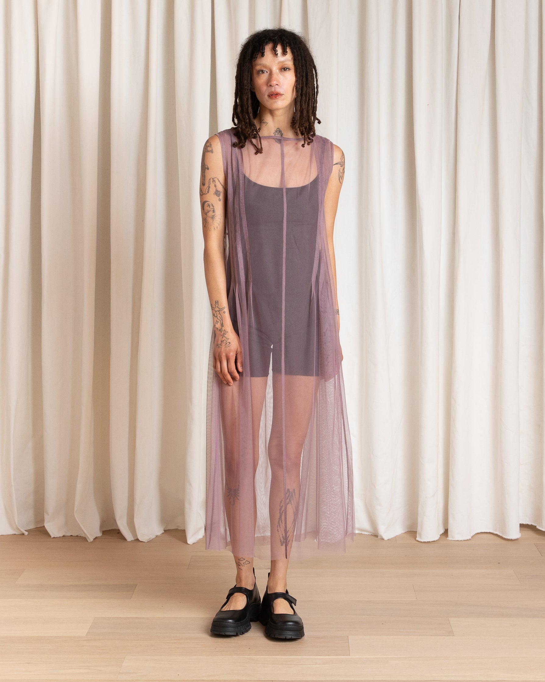 SAMPLE - PLEATED MESH HIGH NECK DRESS - BLACK