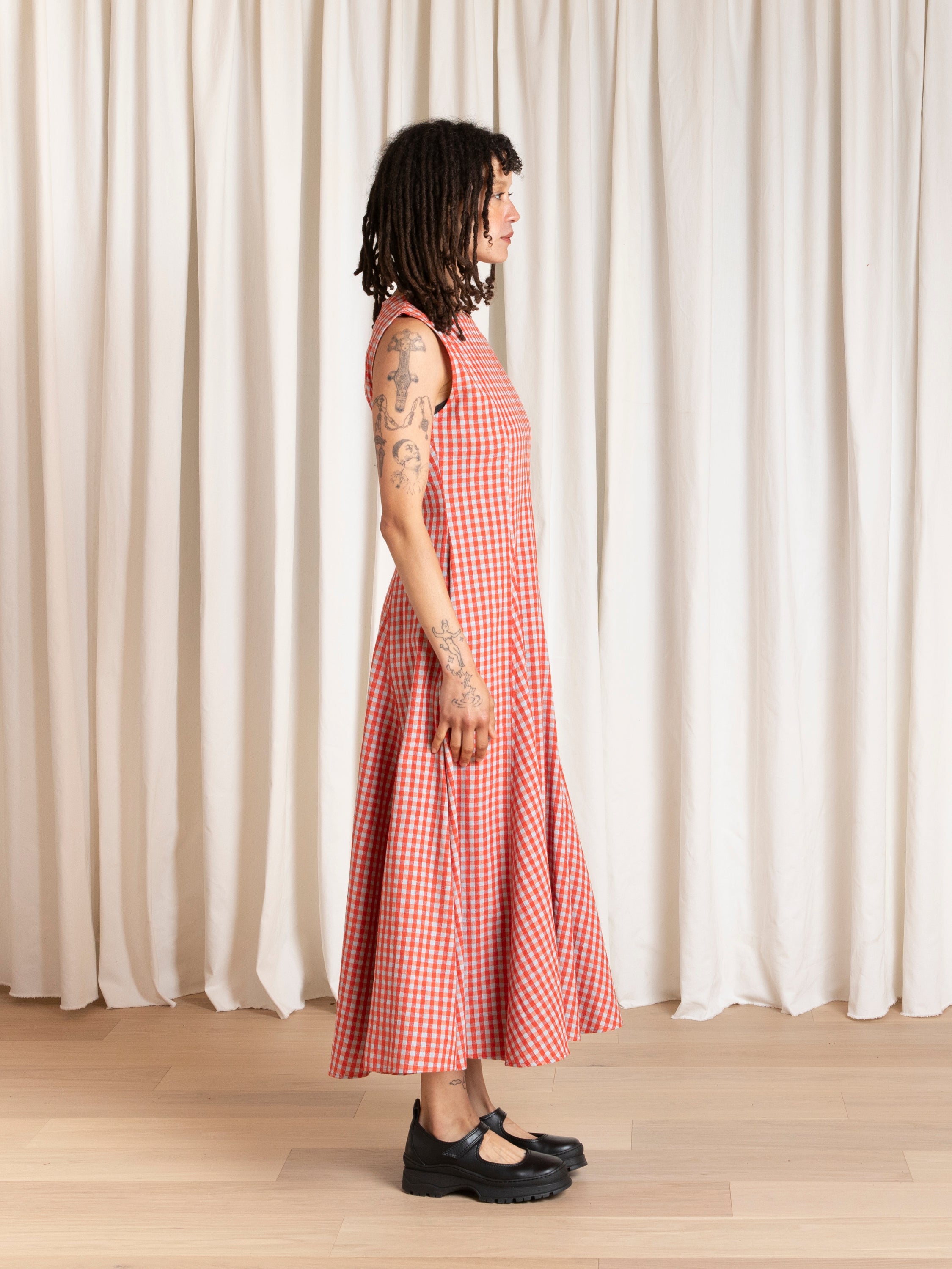 PANELED MIDI DRESS - POPPY/FUCK ICE GINGHAM