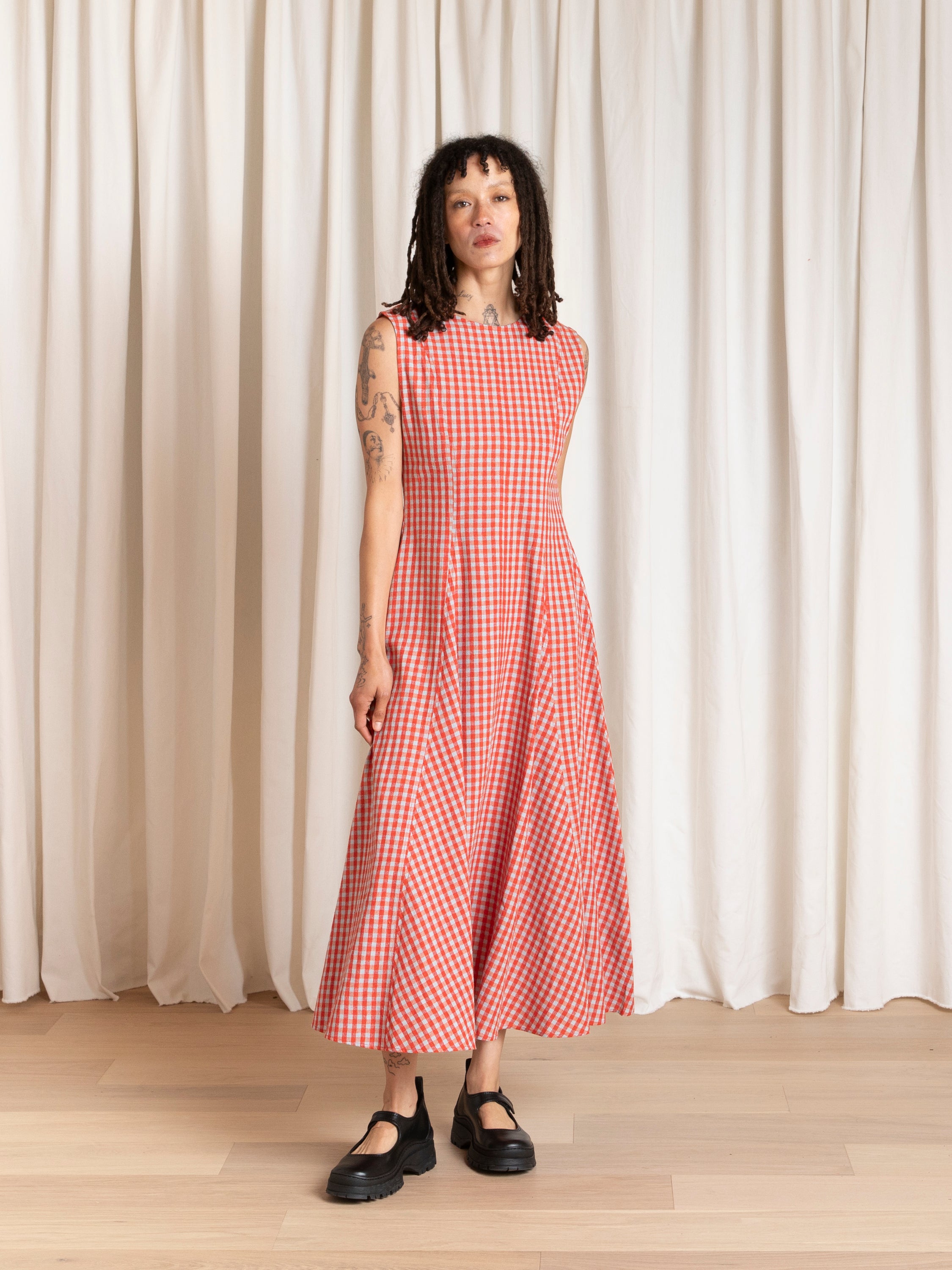 PANELED MIDI DRESS - POPPY/FUCK ICE GINGHAM