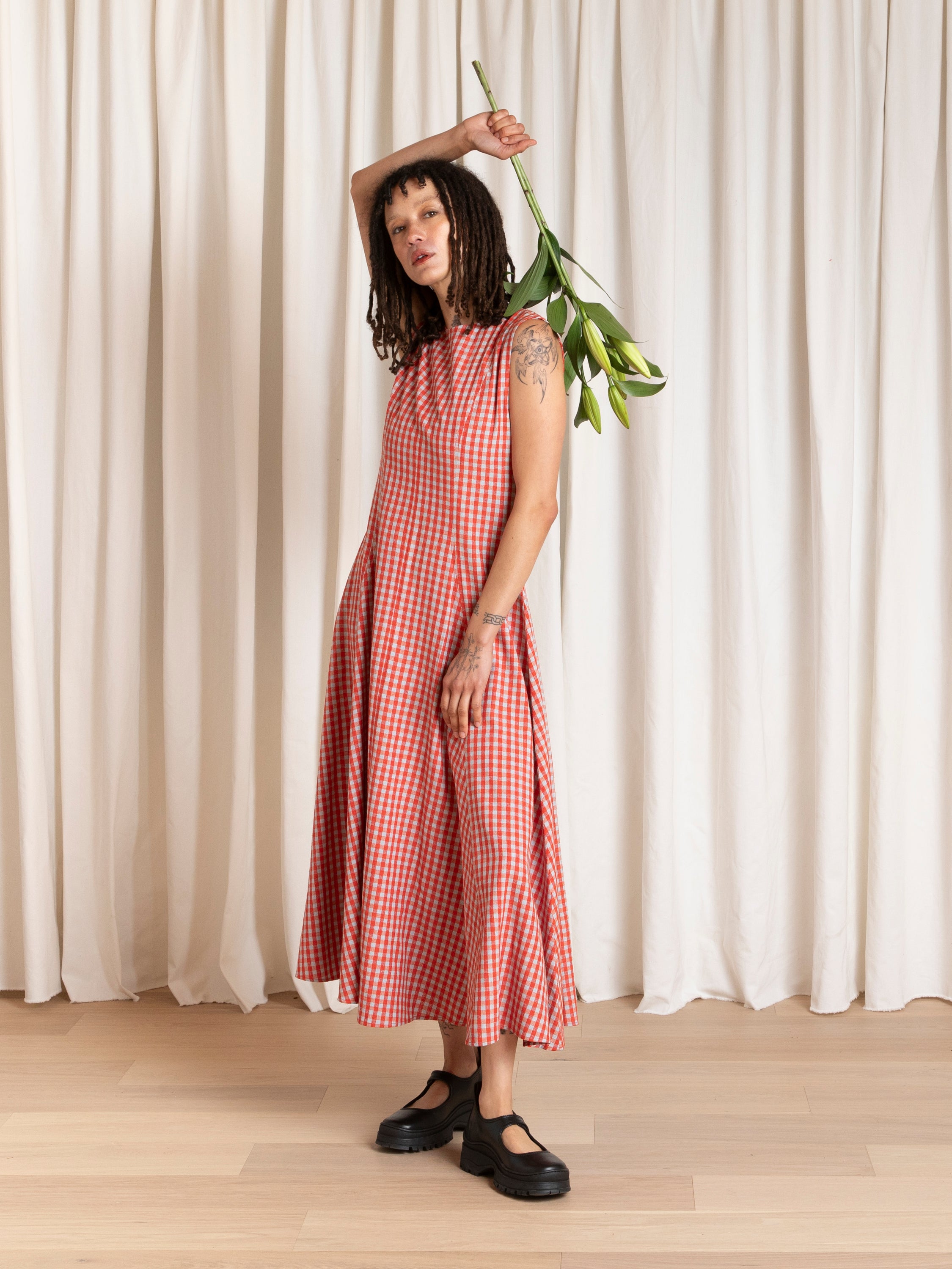 PANELED MIDI DRESS - POPPY/FUCK ICE GINGHAM