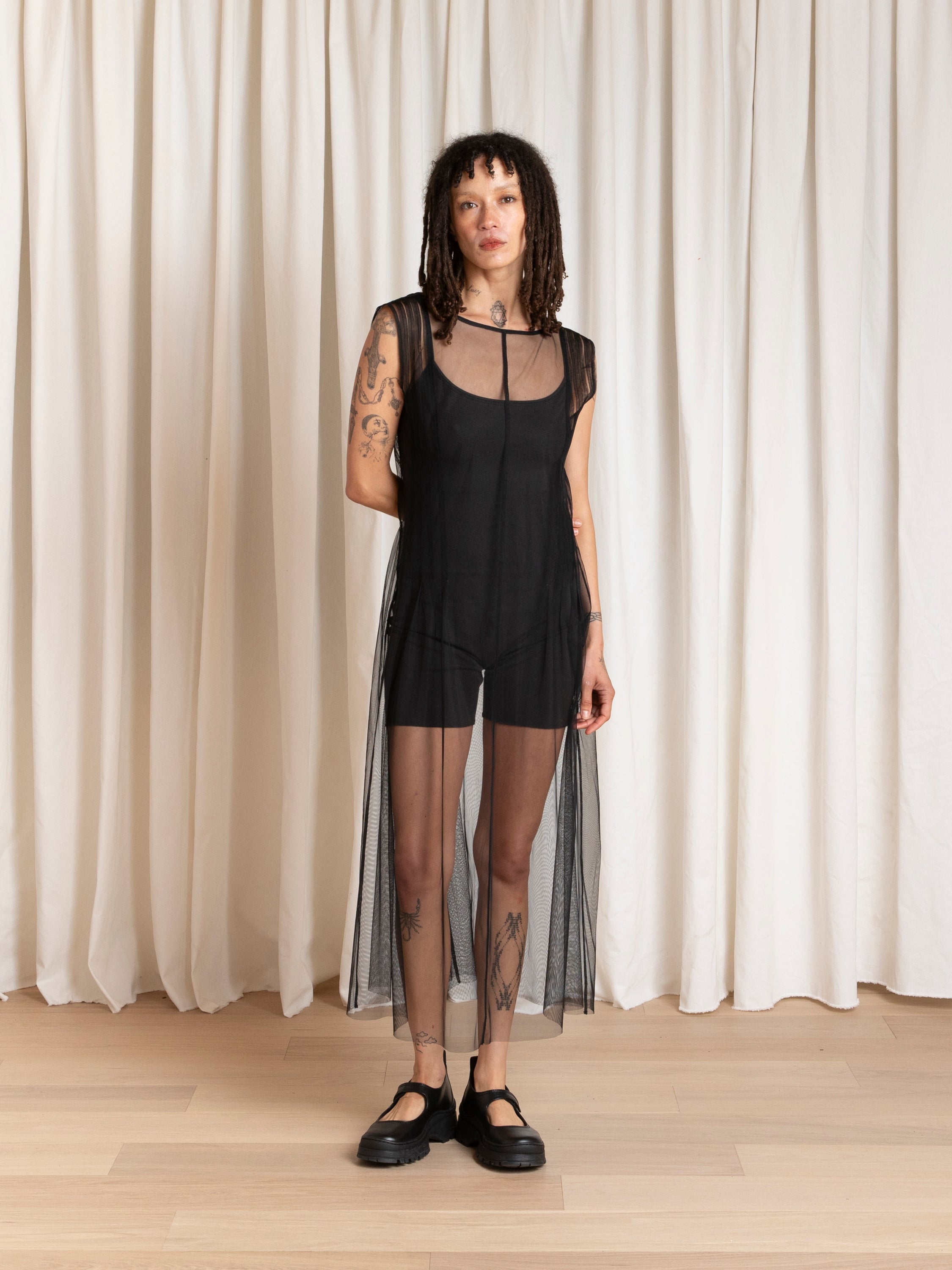 PLEATED MESH HIGH NECK DRESS - BLACK