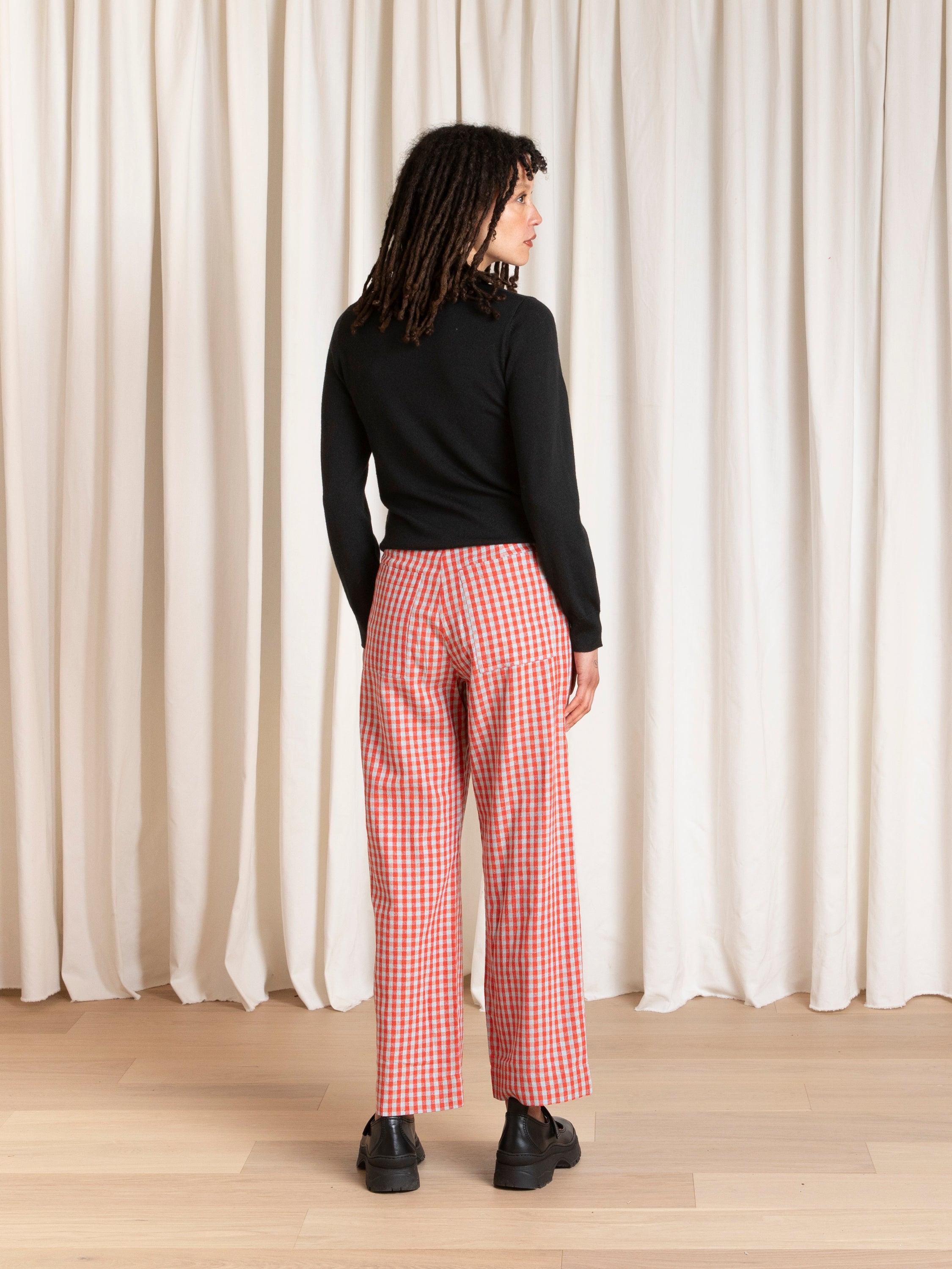 SILK FLY FRONT PANT W/ POCKETS - POPPY/FUCK ICE GINGHAM