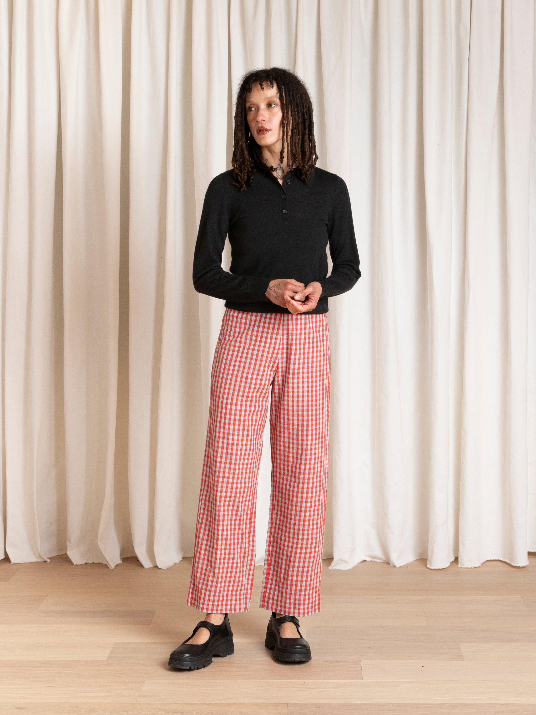 SILK FLY FRONT PANT W/ POCKETS - POPPY/FUCK ICE GINGHAM