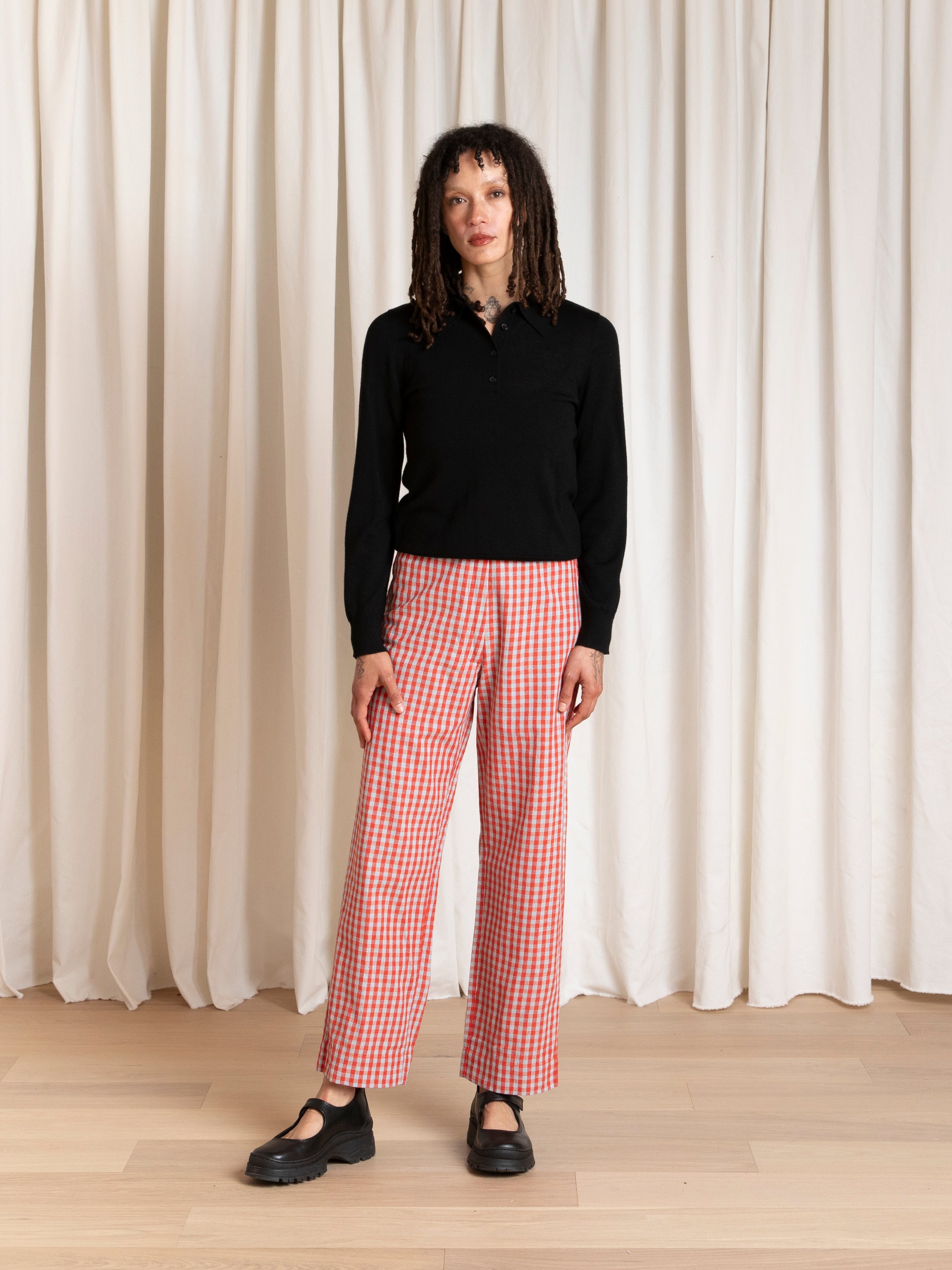 SILK FLY FRONT PANT W/ POCKETS - POPPY/FUCK ICE GINGHAM