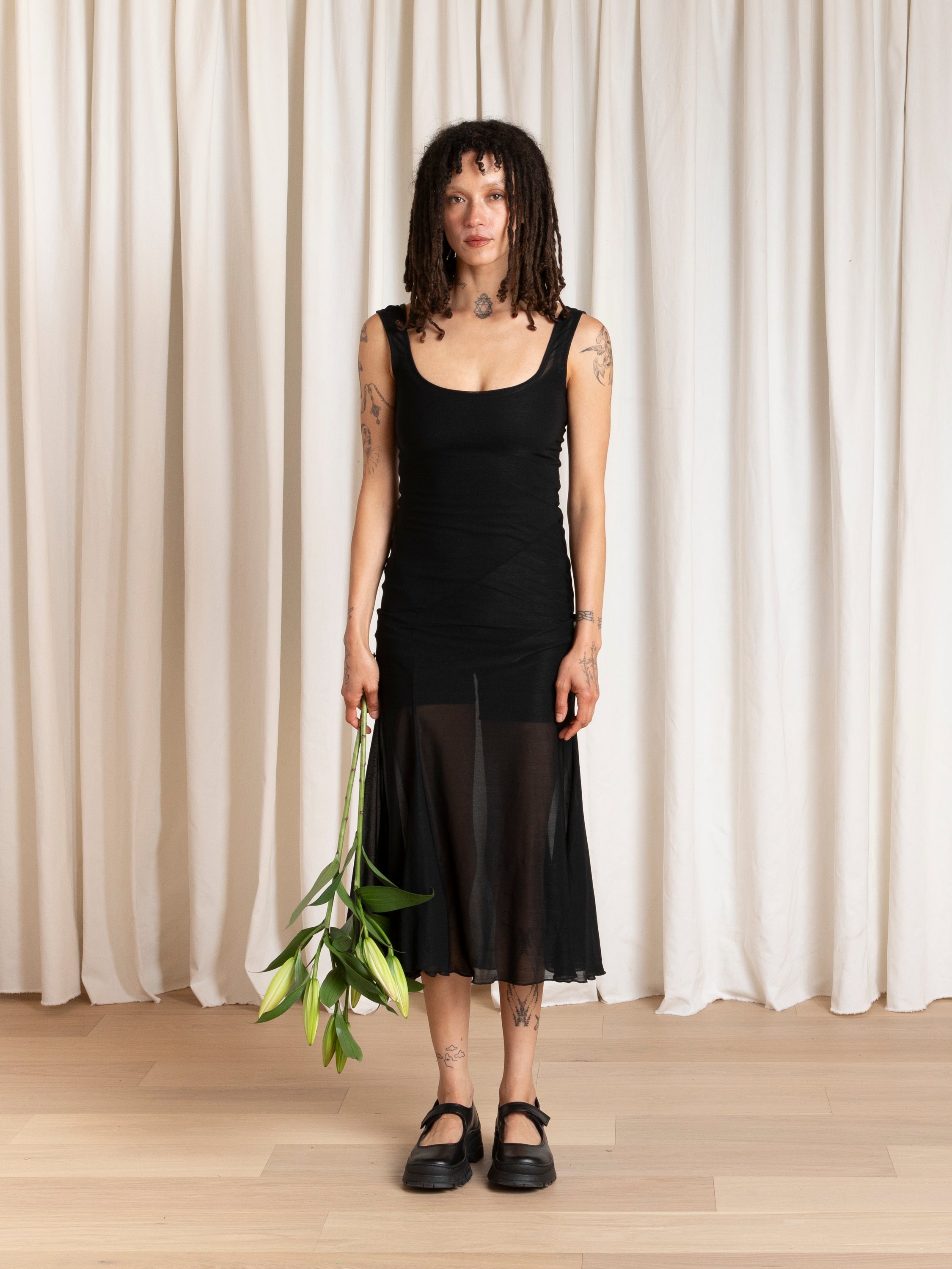 TANK DRESS W/ ASYMMETRICAL HEM - BLACK