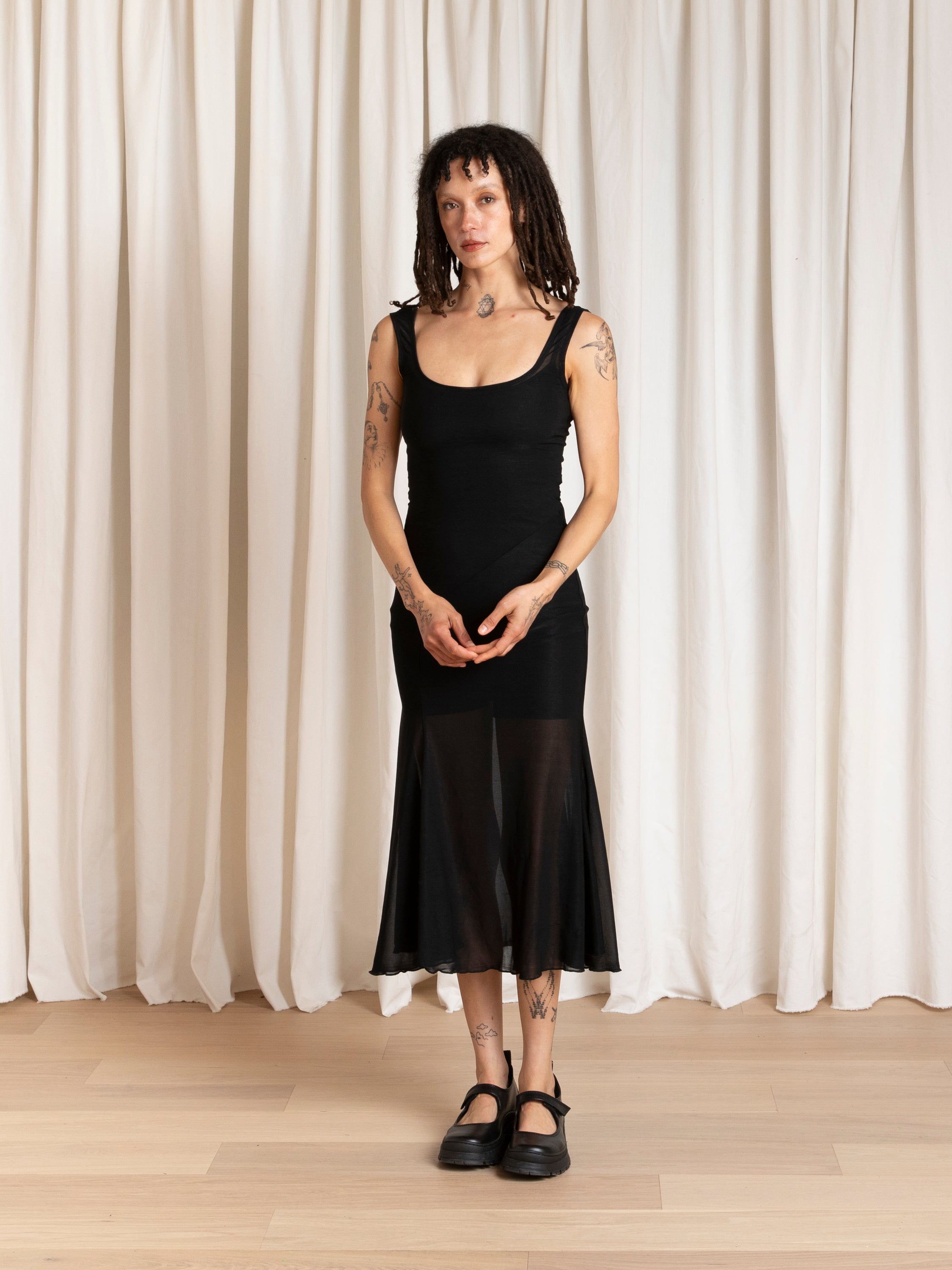 TANK DRESS W/ ASYMMETRICAL HEM - BLACK