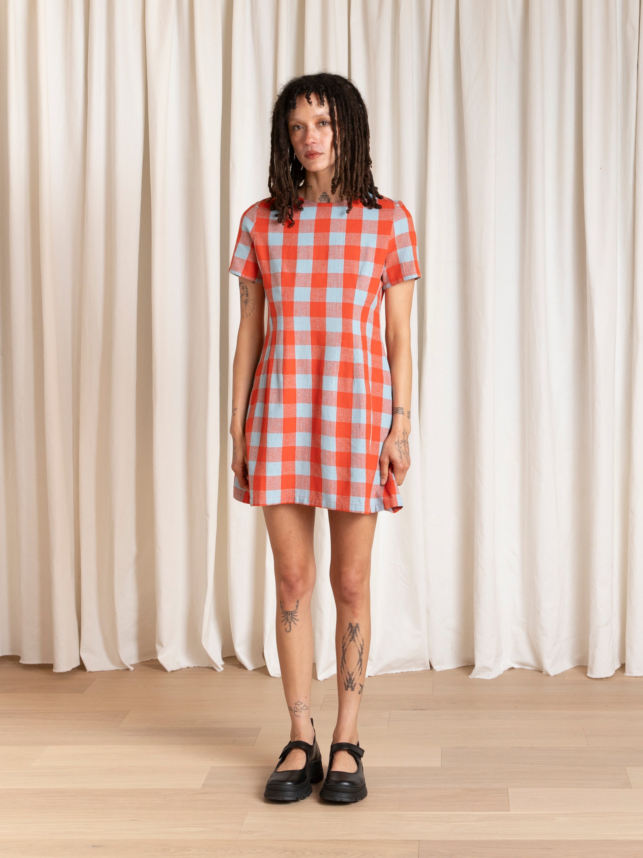 PANELED MIDI DRESS - POPPY/FUCK ICE GINGHAM