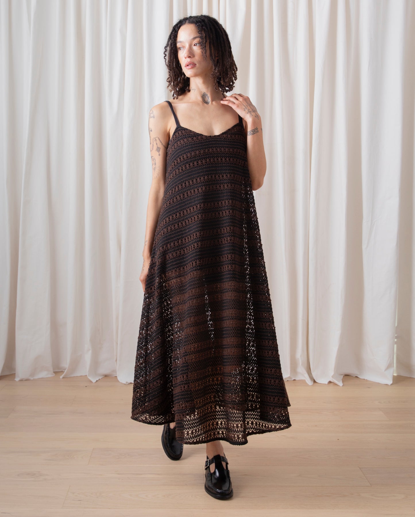 FULL HEM DRESS- BROWN/BLACK CROCHET