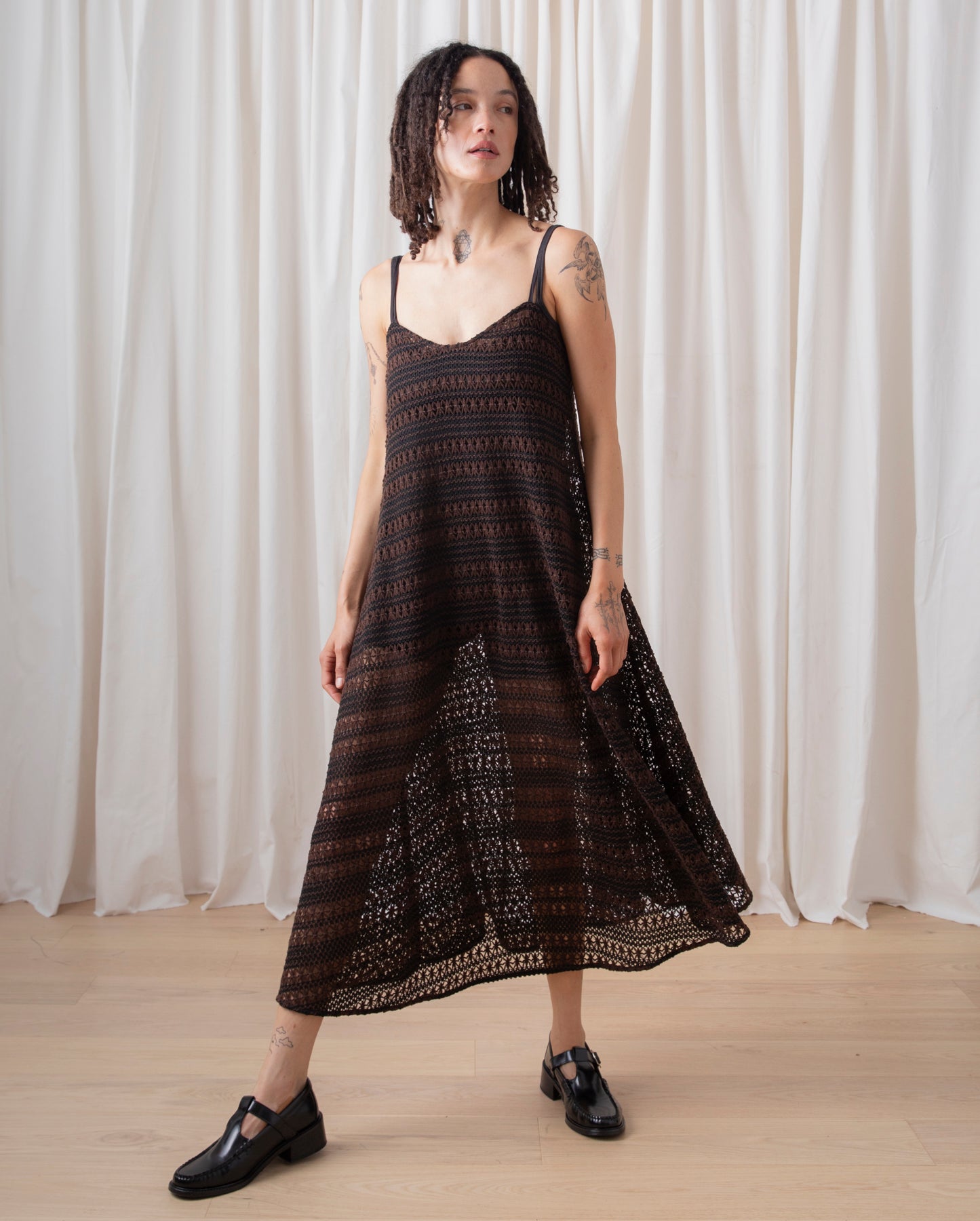 FULL HEM DRESS- BROWN/BLACK CROCHET