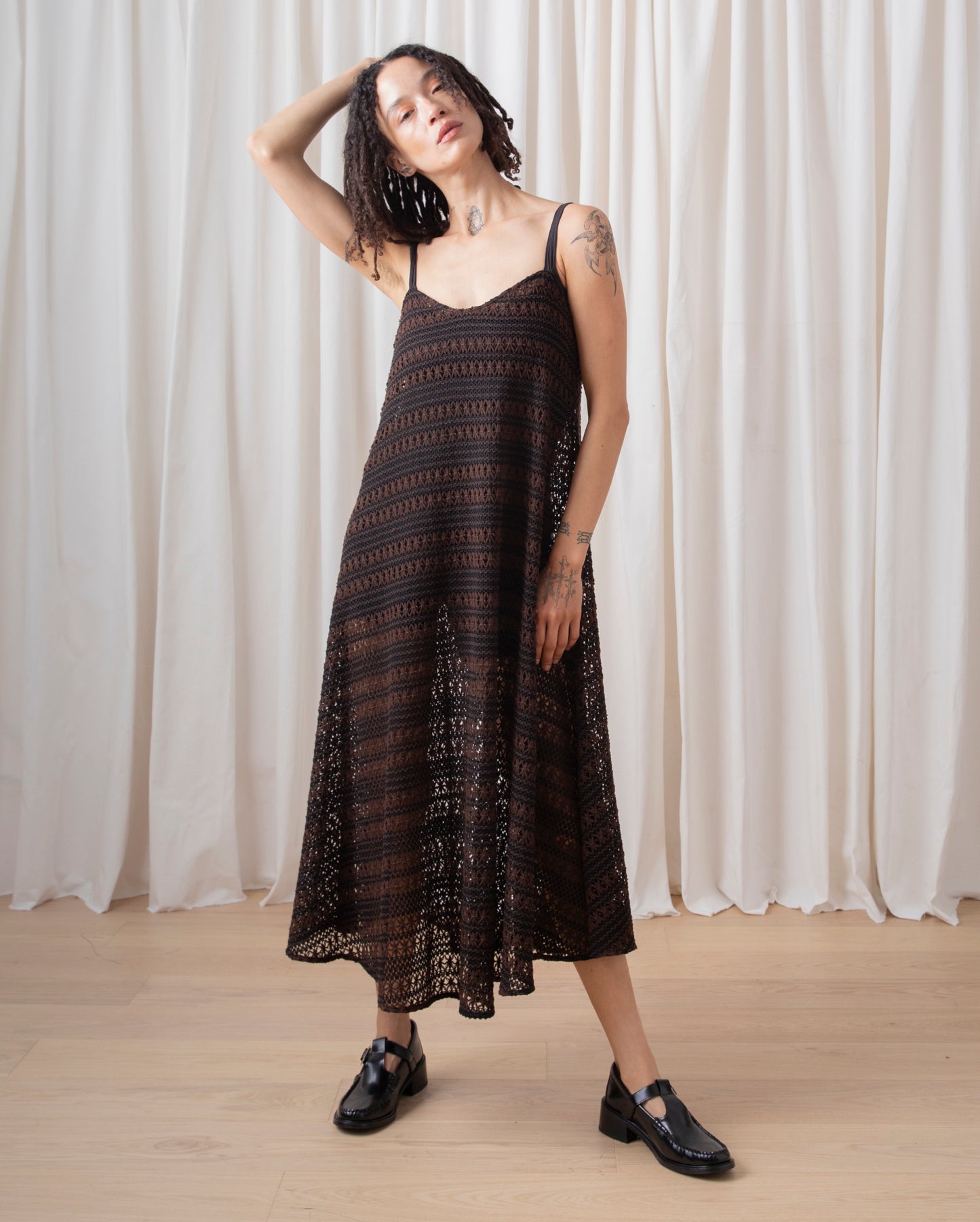 FULL HEM DRESS- BROWN/BLACK CROCHET