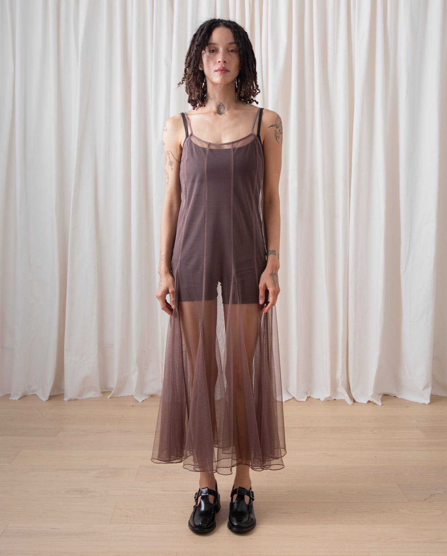 PANELED MESH DRESS - TAUPE