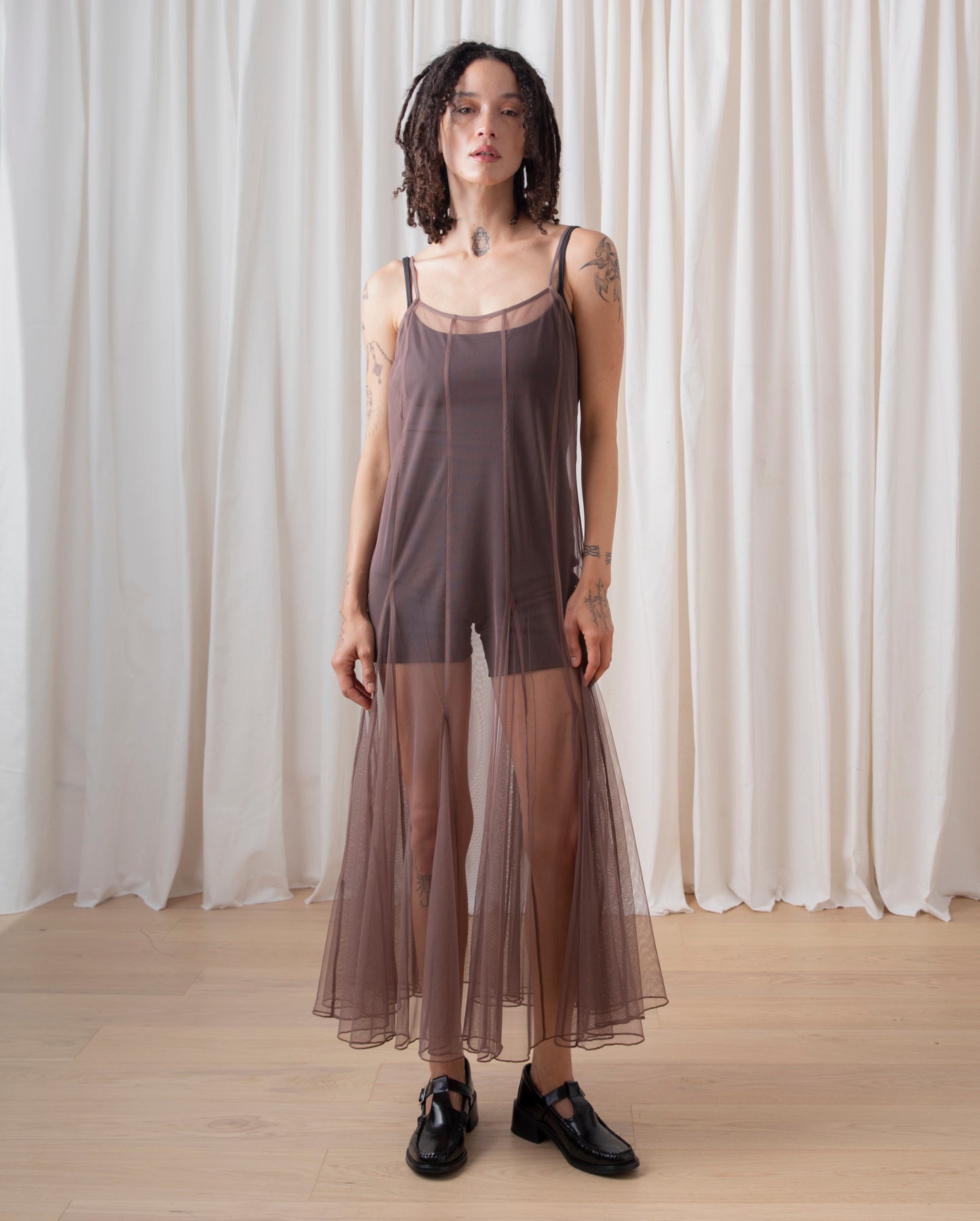 PANELED MESH DRESS - TAUPE