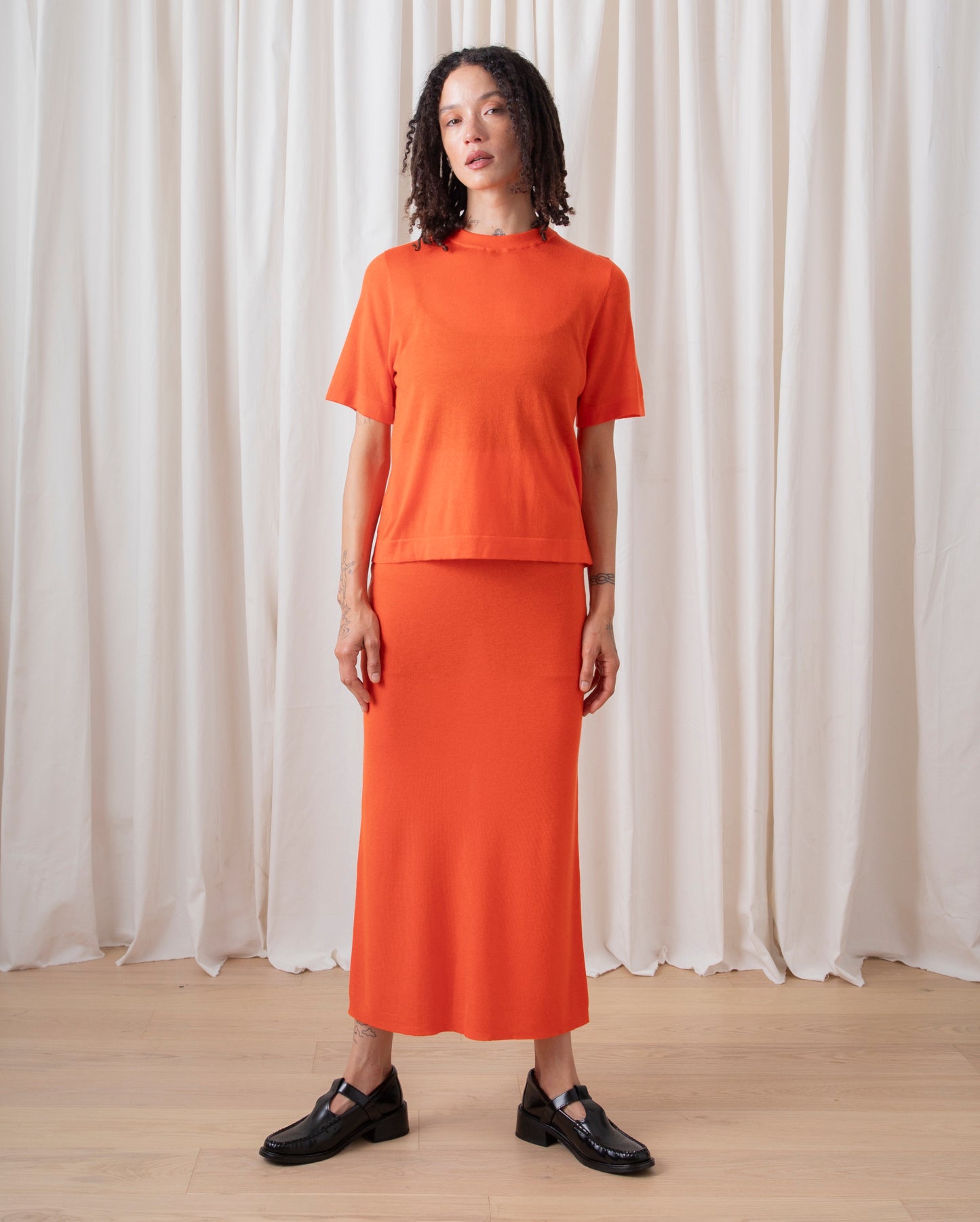 SPRING KNIT PENCIL MIDI SKIRT - POPPY