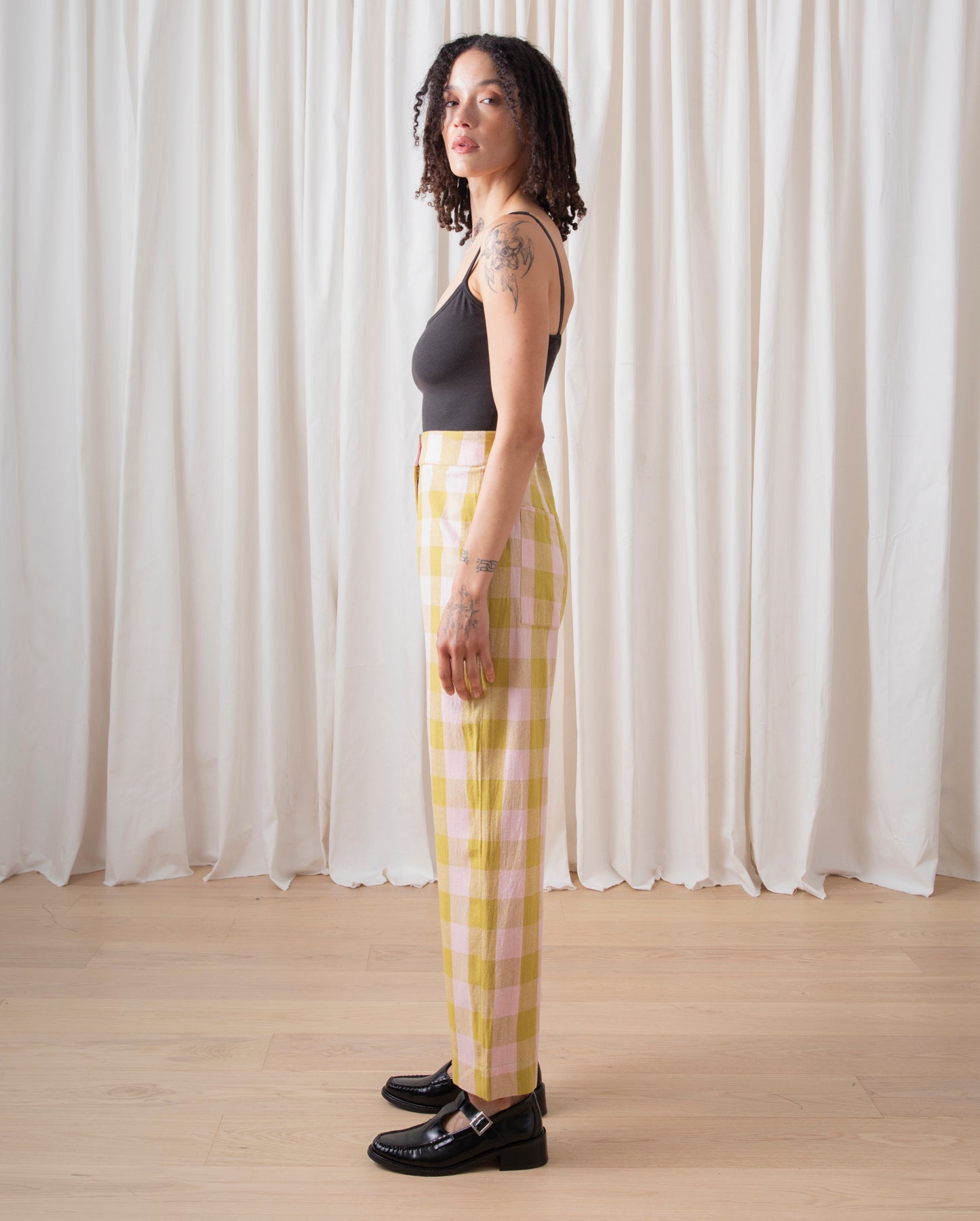 SILK FLY FRONT PANT W/ POCKETS - CHARTREUSE/PINK