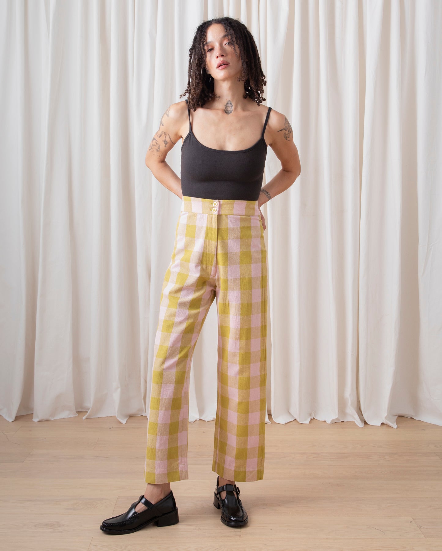 SILK FLY FRONT PANT W/ POCKETS - CHARTREUSE/PINK