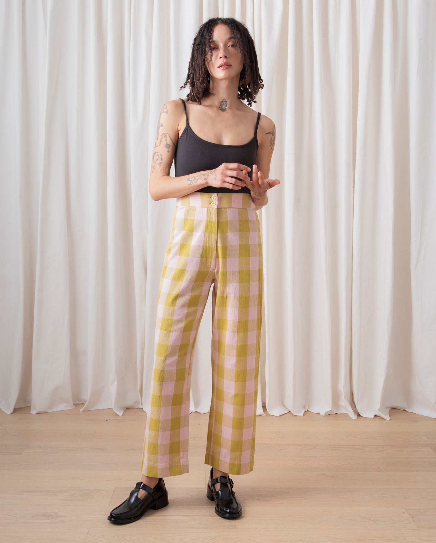 SILK FLY FRONT PANT W/ POCKETS - CHARTREUSE/PINK