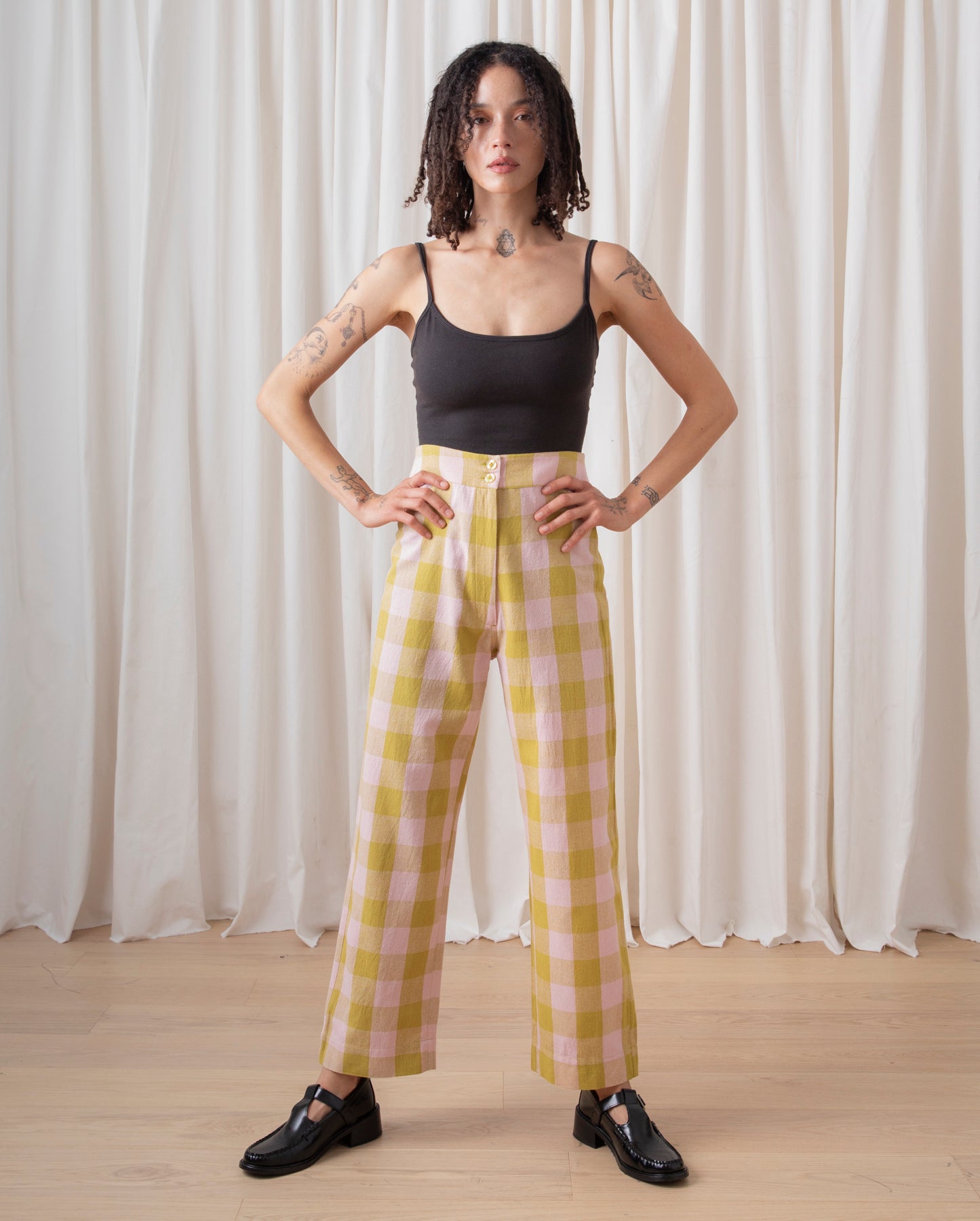 SILK FLY FRONT PANT W/ POCKETS - CHARTREUSE/PINK