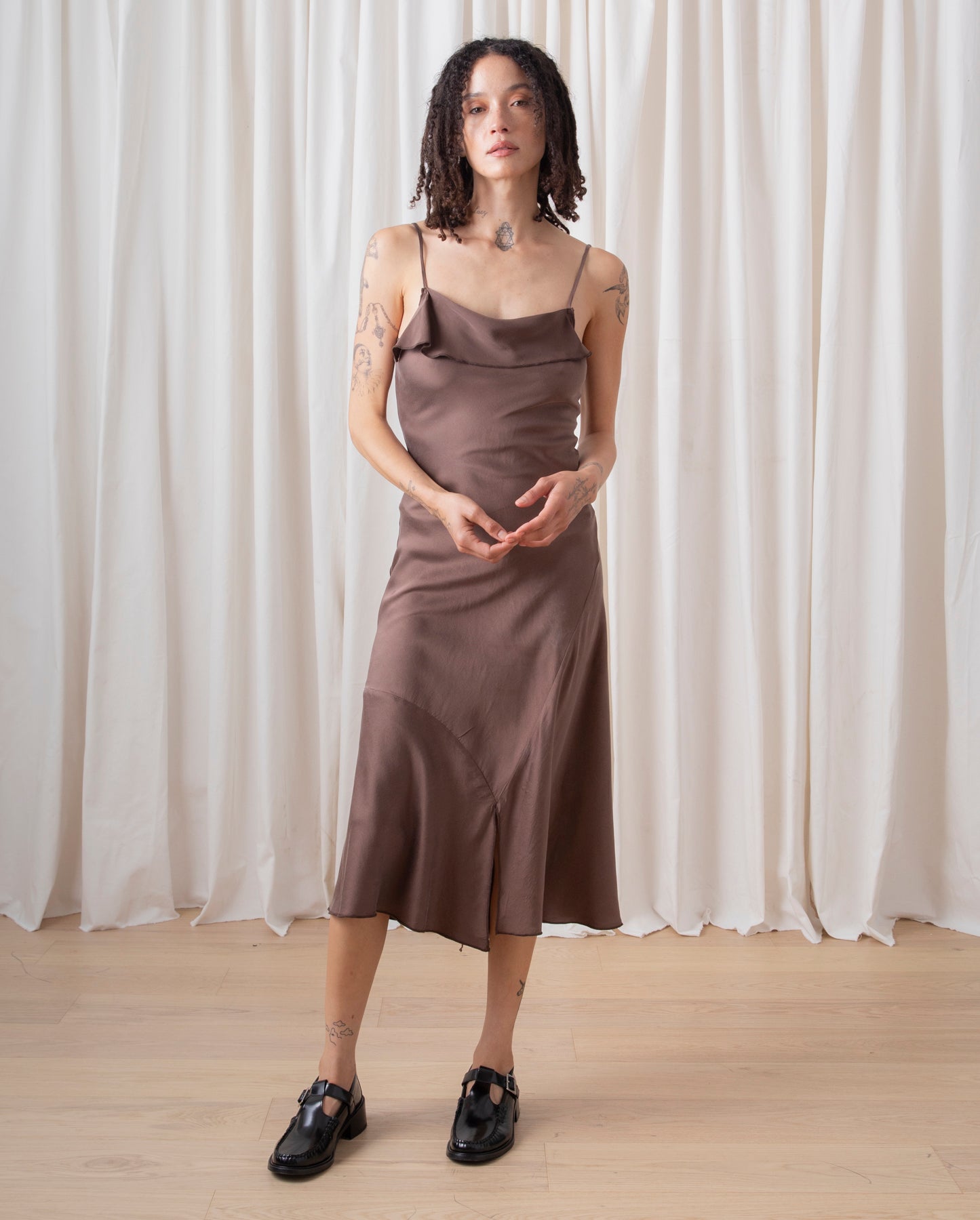 SILK ASYMMETRICAL TANK DRESS - TAUPE