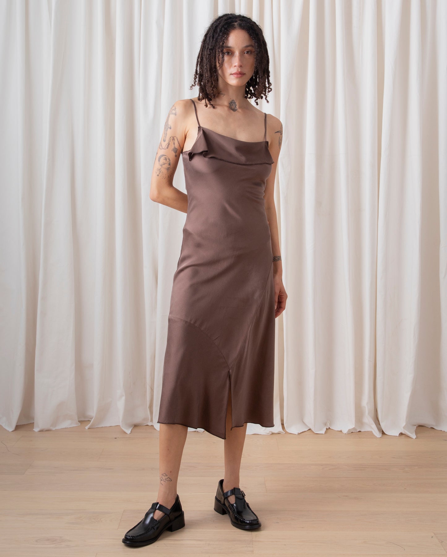 SILK ASYMMETRICAL TANK DRESS - TAUPE