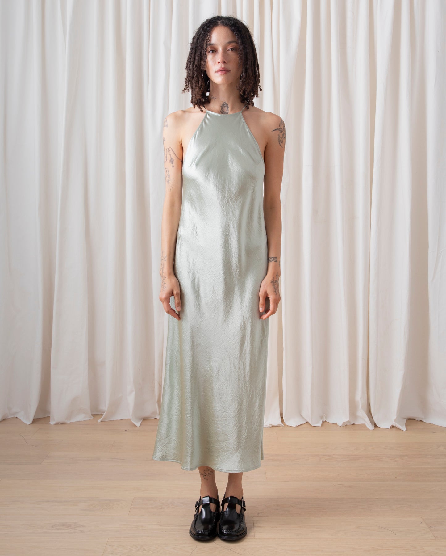 HIGH NECK BIAS DRESS - SAGE