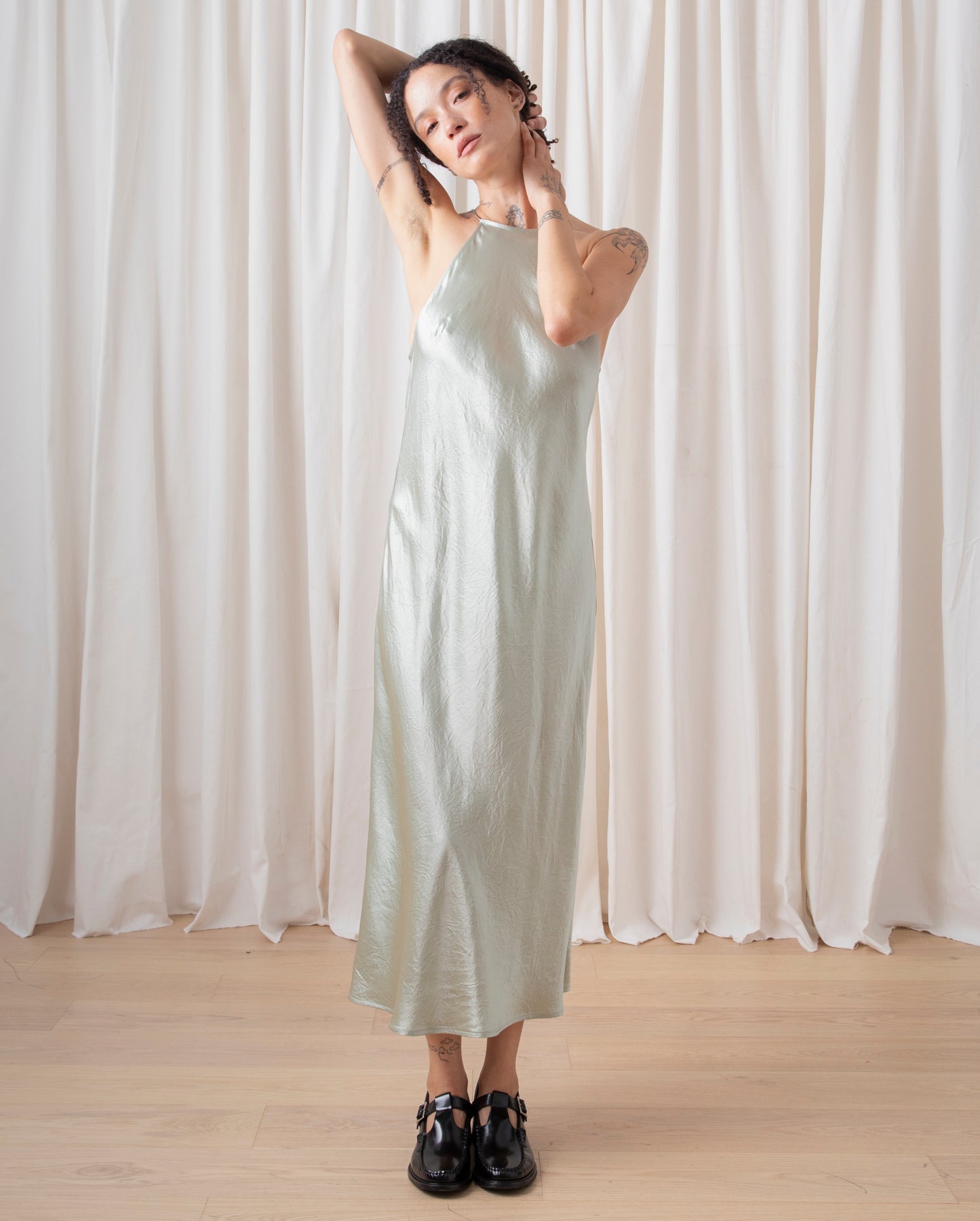 HIGH NECK BIAS DRESS - SAGE