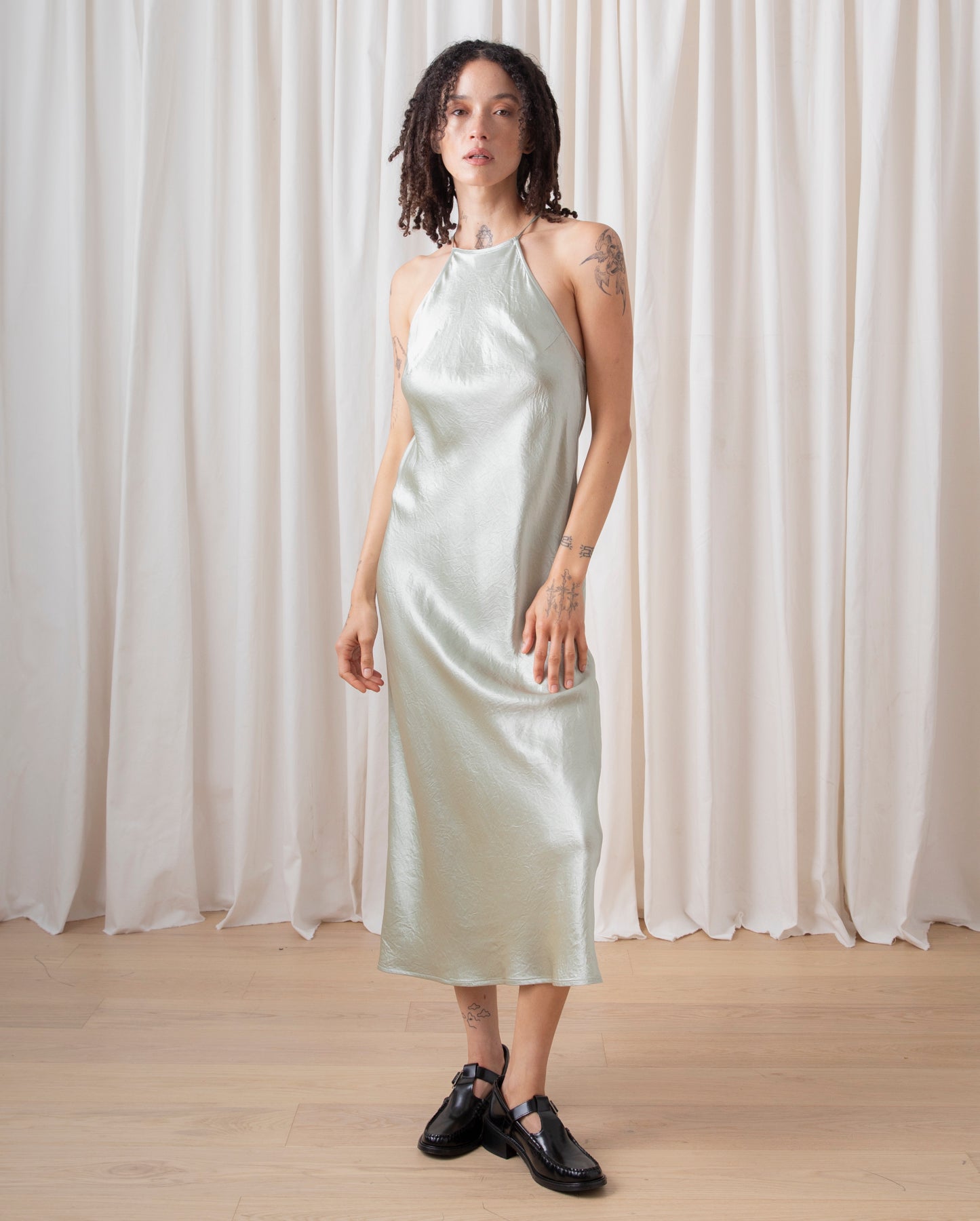 HIGH NECK BIAS DRESS - SAGE