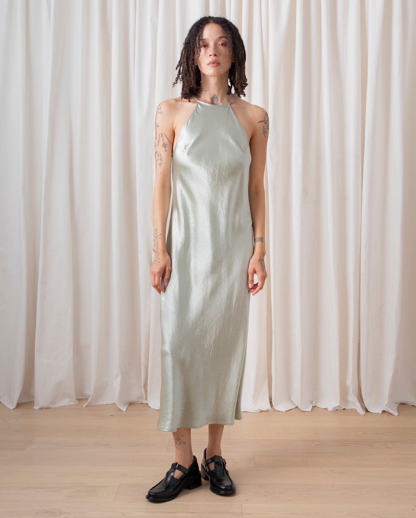 HIGH NECK BIAS DRESS - SAGE