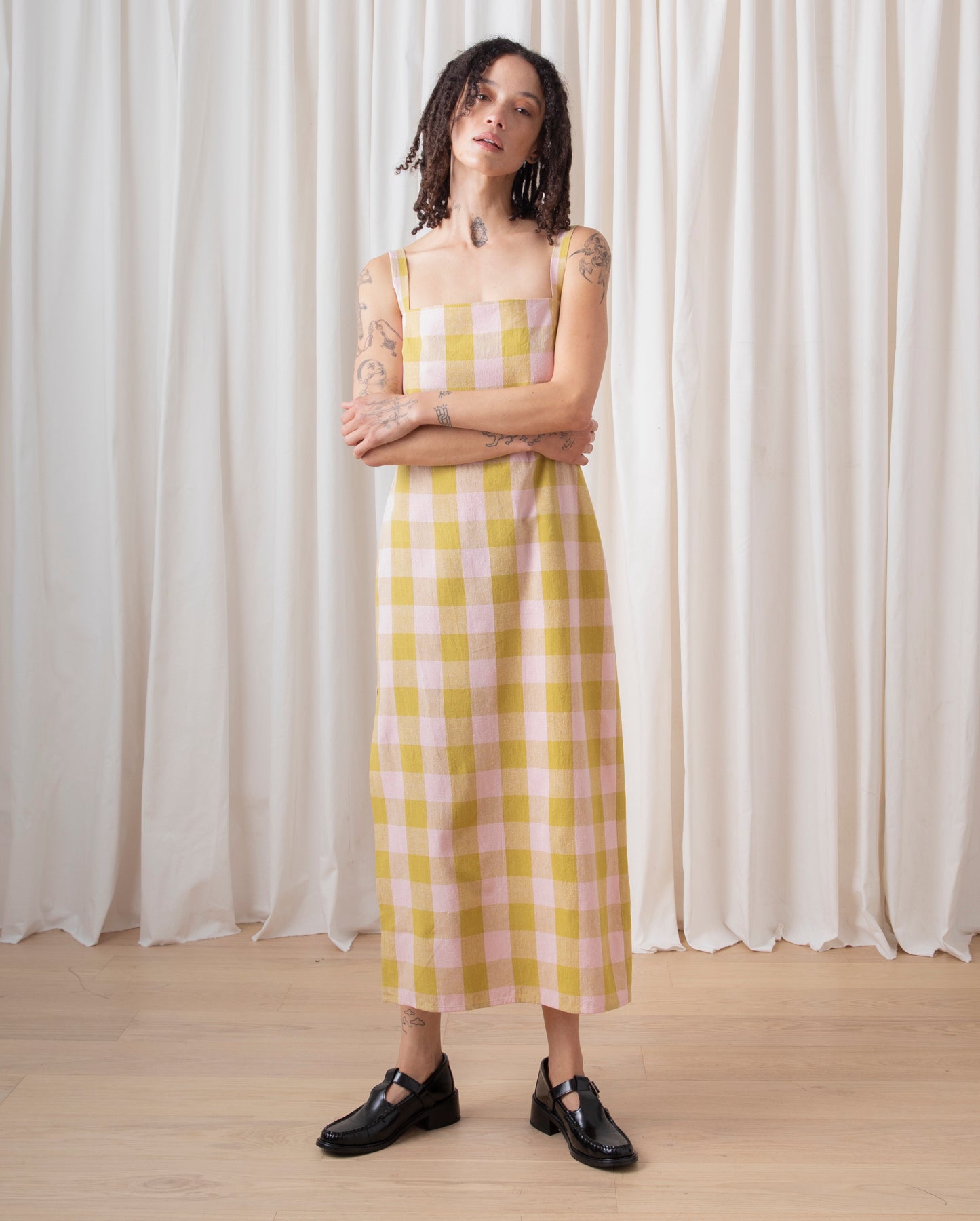 COLUMN DRESS - CHARTREUSE/PINK