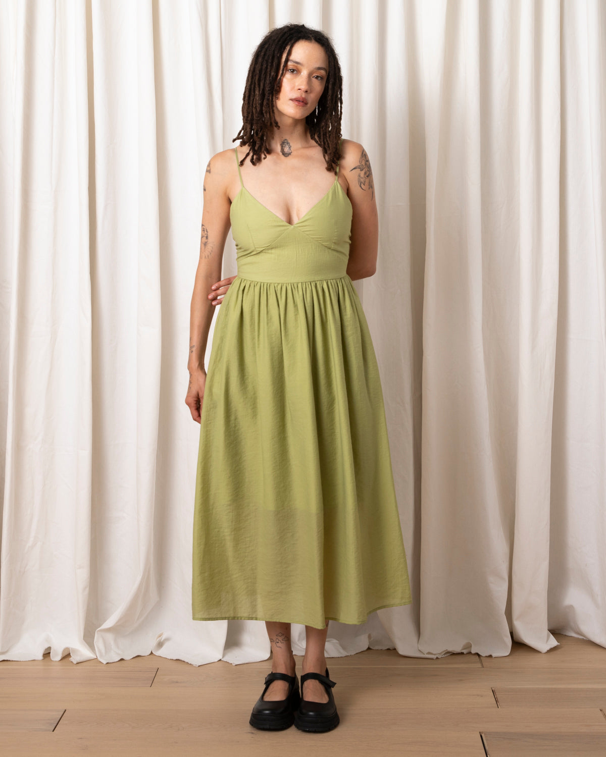 TIE BACK MIDI DRESS - MUTED LIME