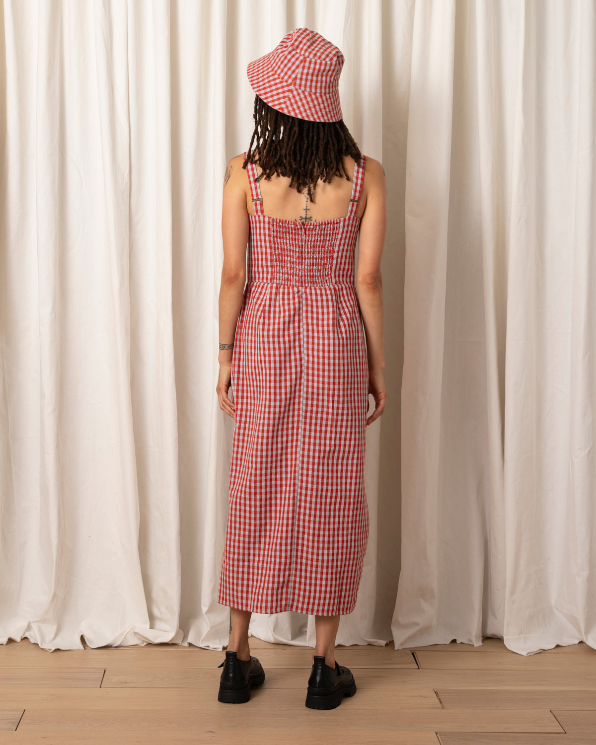 SILK NOIL BUCKET HAT - POPPY/ICE GINGHAM