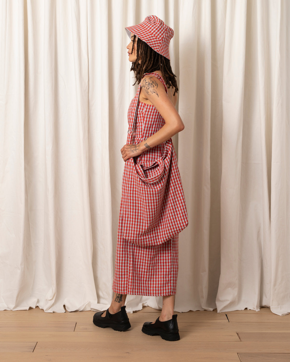 SILK NOIL BUCKET HAT - POPPY/ICE GINGHAM