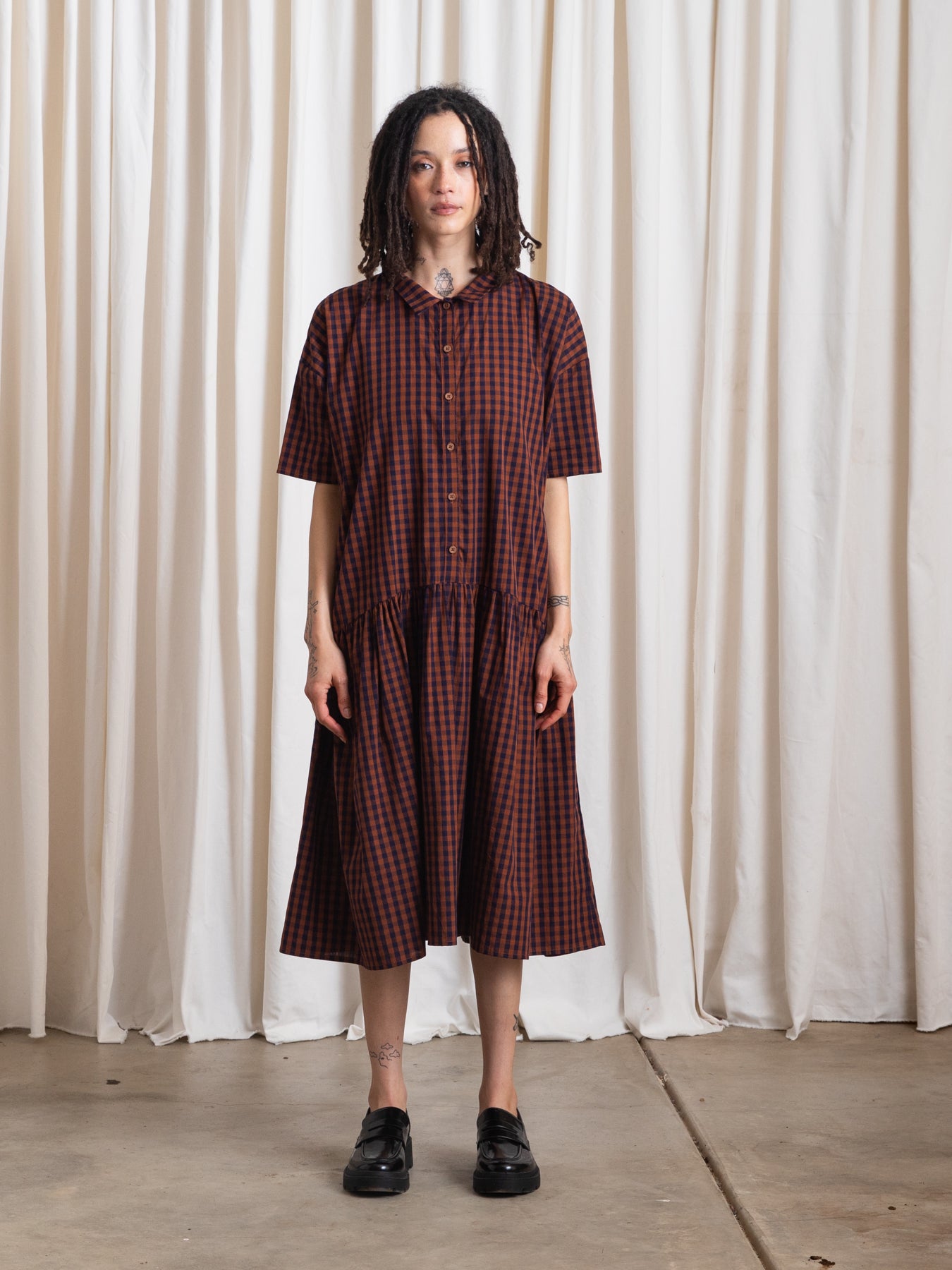 COLLARED DRESS - RUST/NAVY GINGHAM