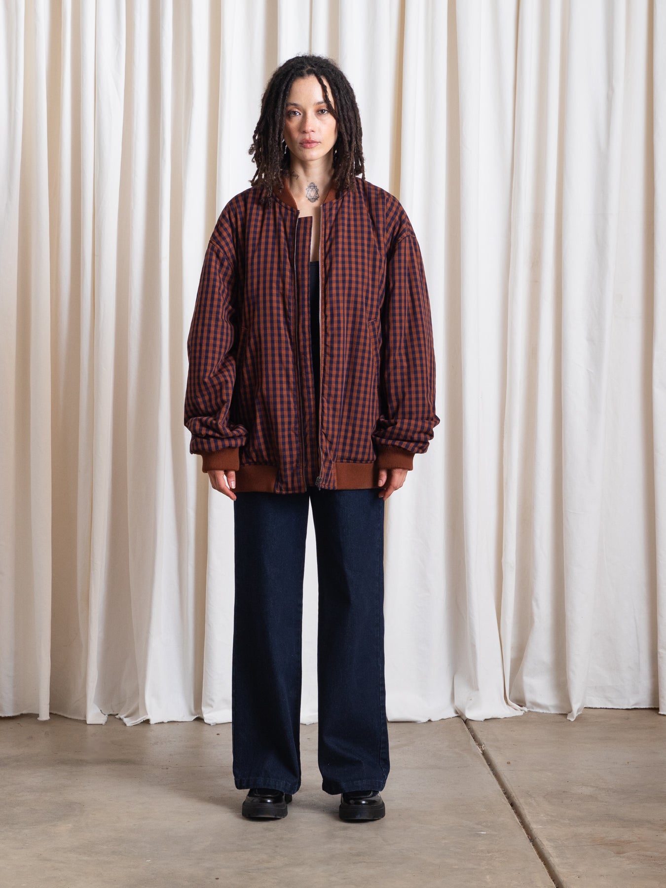 OVERSIZED BOMBER JACKET - RUST/NAVY GINGHAM