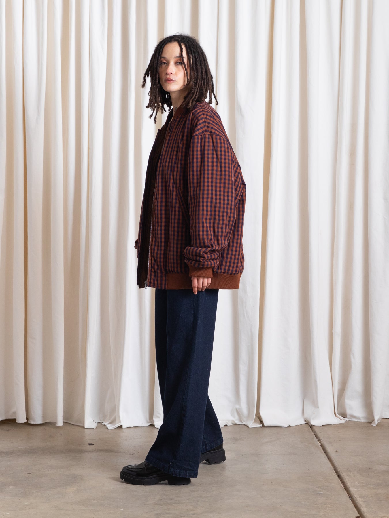 OVERSIZED BOMBER JACKET - RUST/NAVY GINGHAM