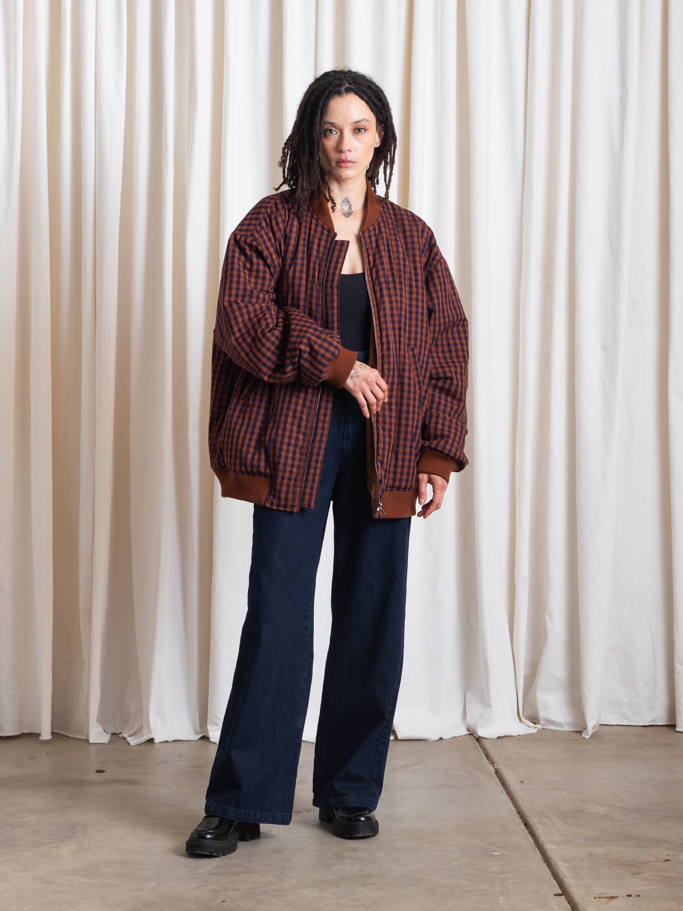 OVERSIZED BOMBER JACKET - RUST/NAVY GINGHAM