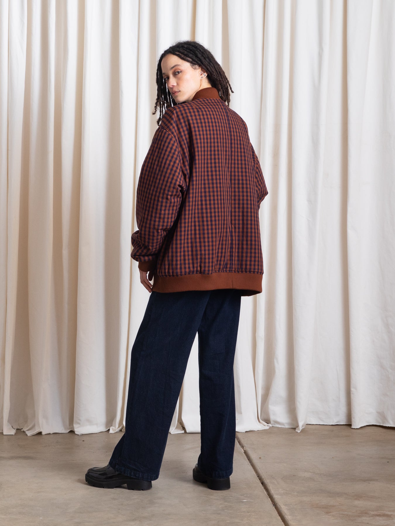 OVERSIZED BOMBER JACKET - RUST/NAVY GINGHAM