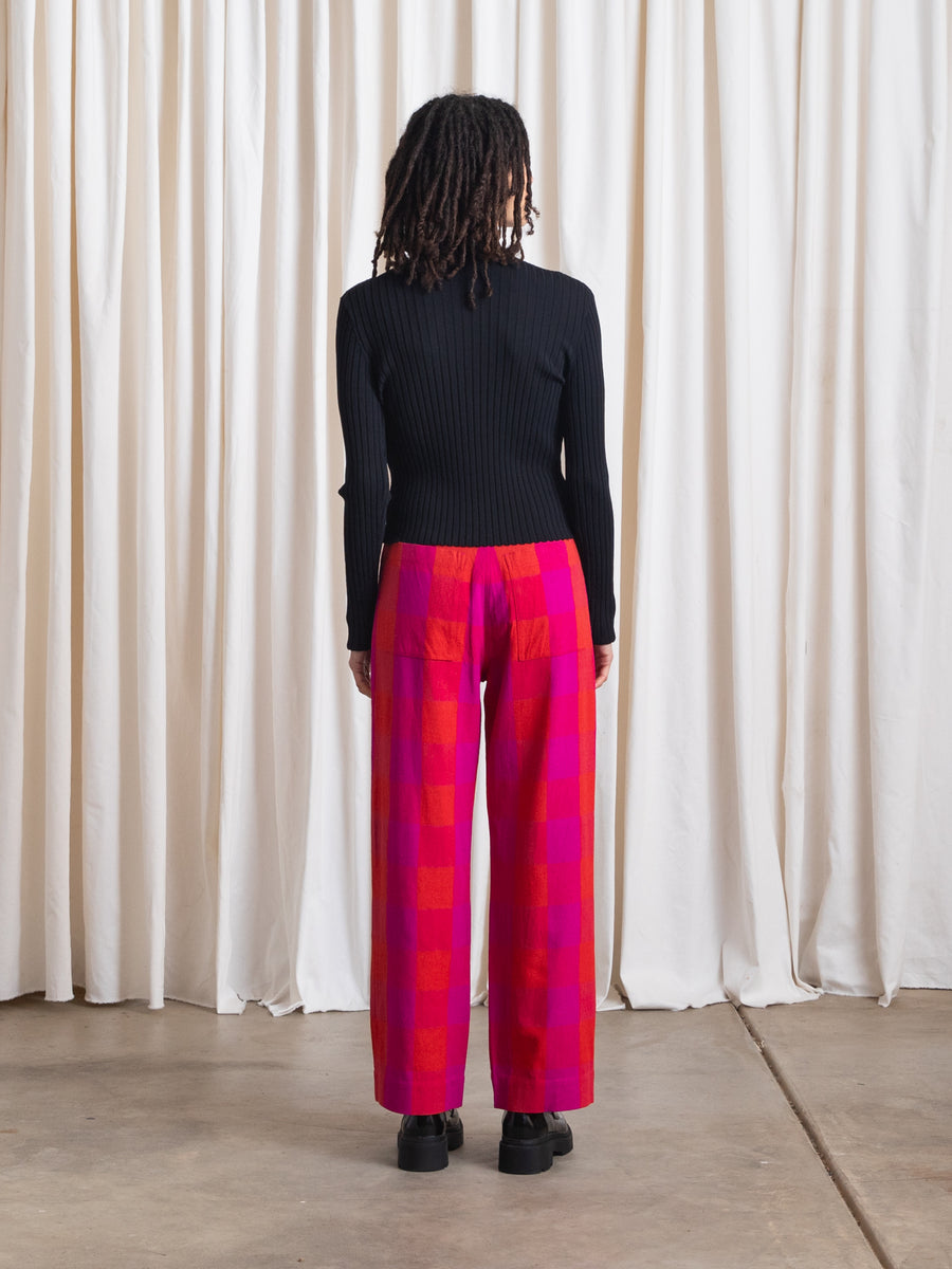 SILK FLY FRONT PANT W/ POCKETS - POPPY/PINK PLAID