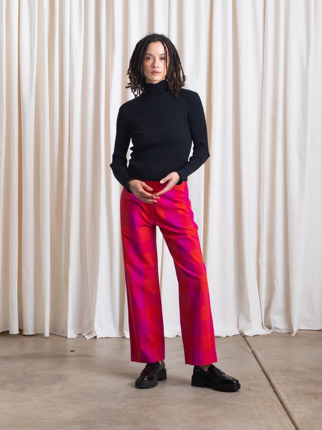 SILK FLY FRONT PANT W/ POCKETS - POPPY/PINK PLAID