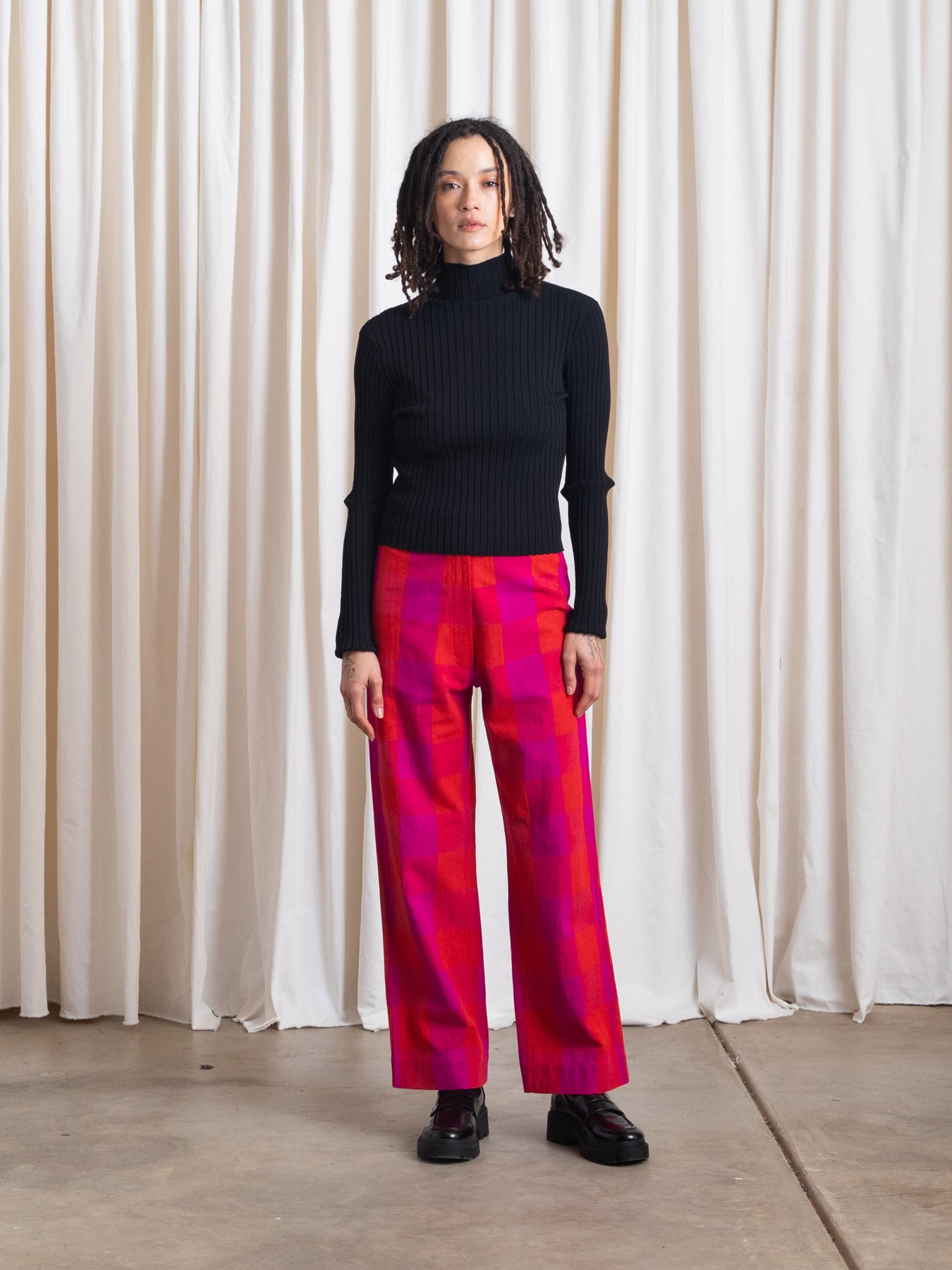 SILK FLY FRONT PANT W/ POCKETS - POPPY/PINK PLAID