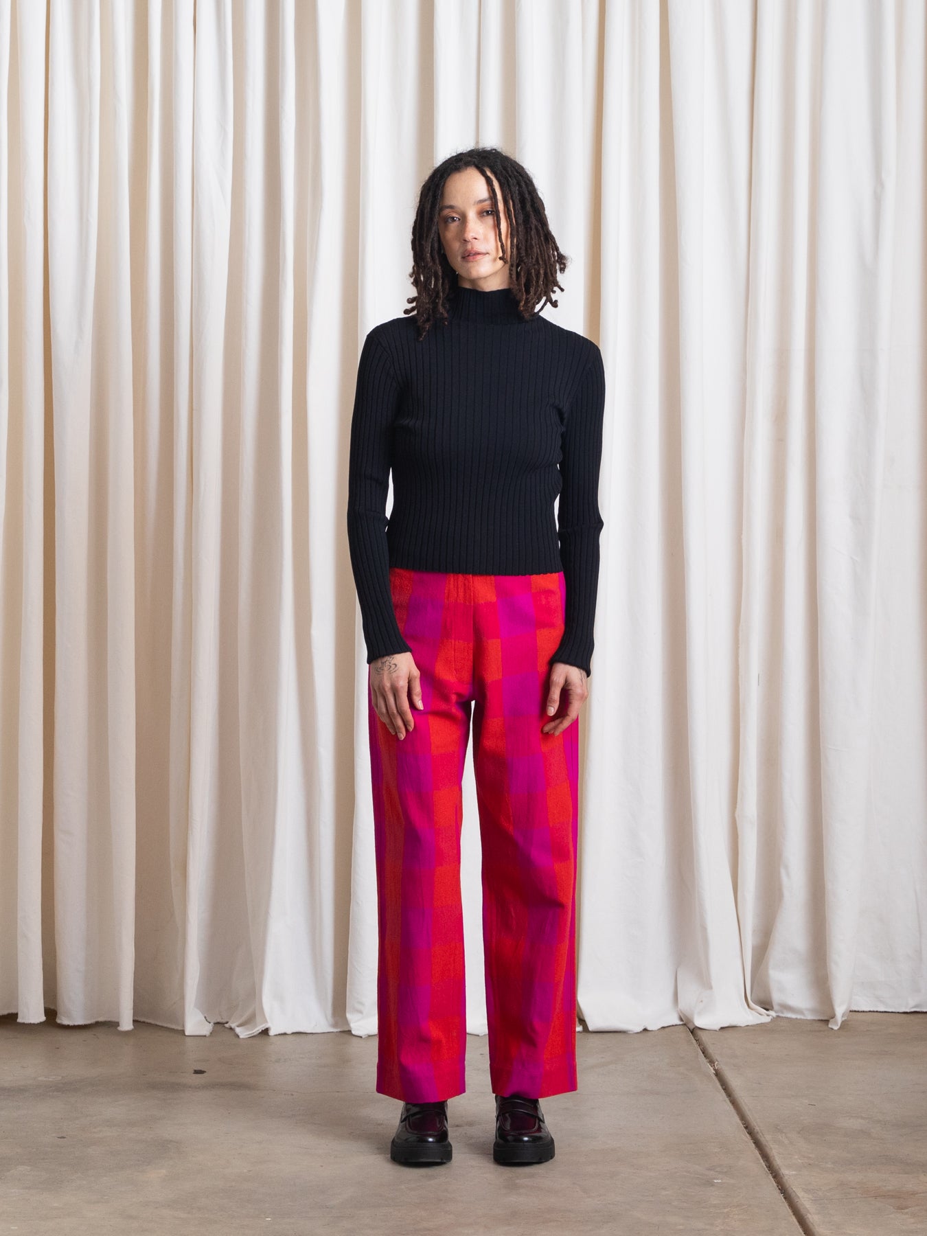 SILK FLY FRONT PANT W/ POCKETS - POPPY/PINK PLAID